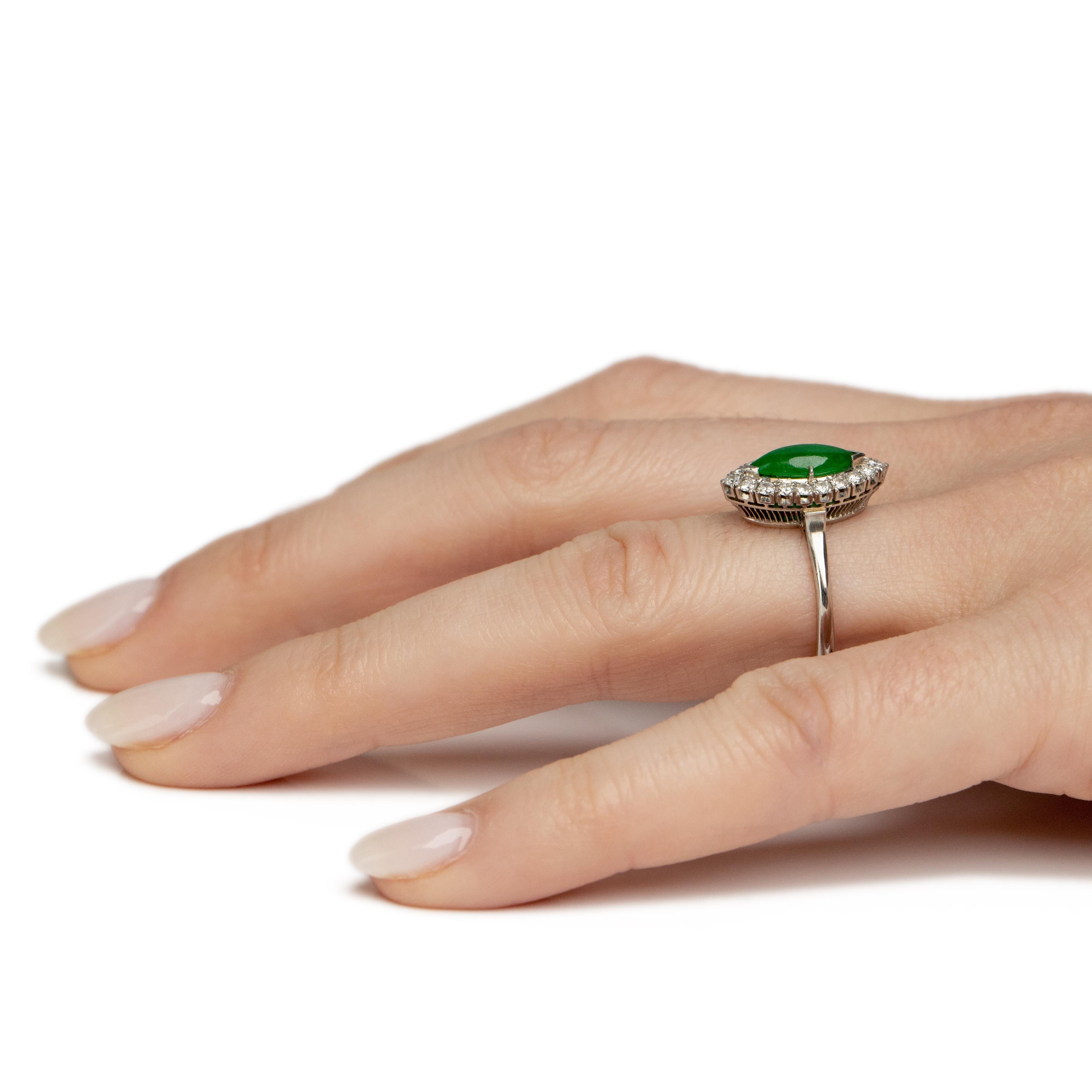 Women's Retro Platinum Jade and Diamond Halo Marquee Style Fashion Ring