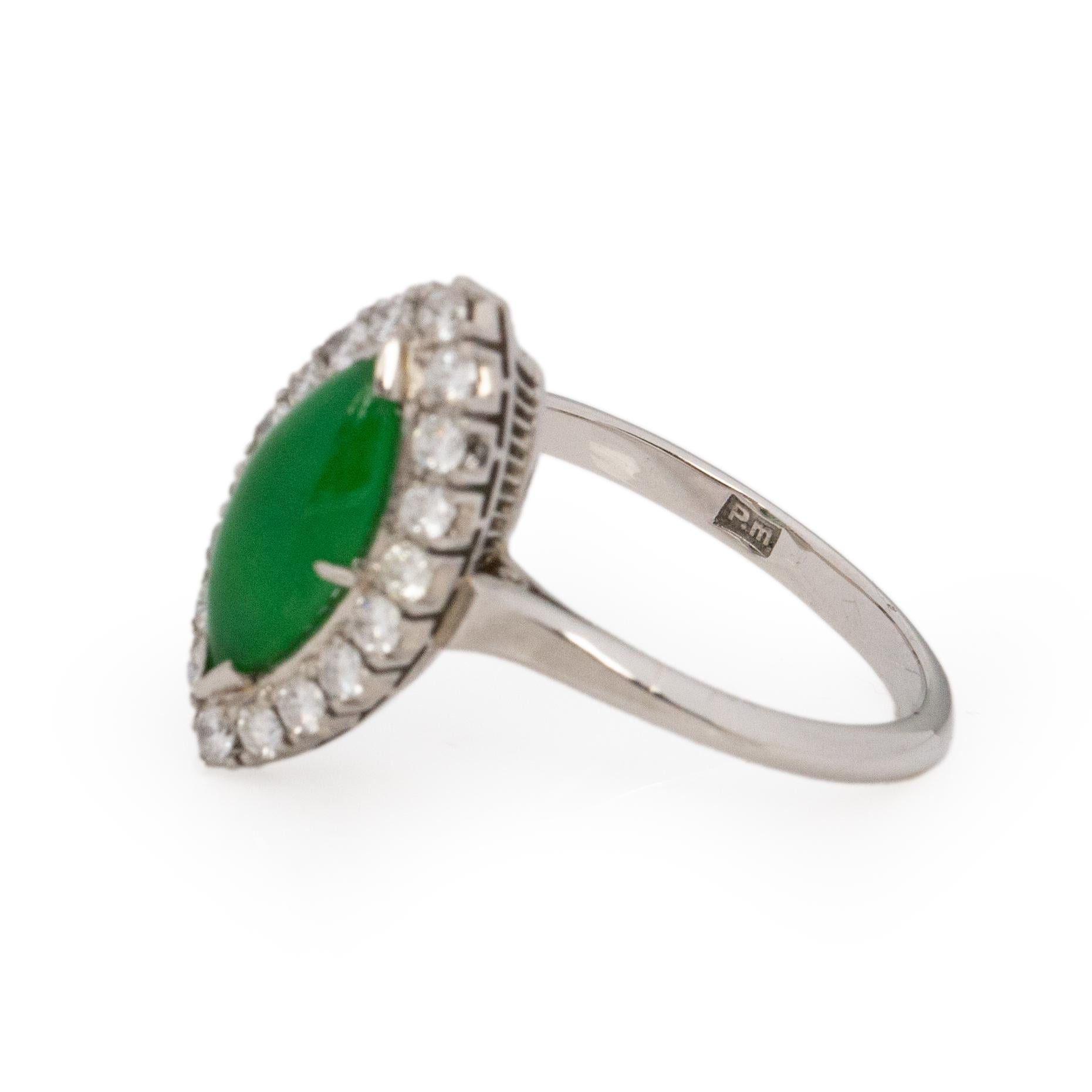 Retro Platinum Jade and Diamond Halo Marquee Style Fashion Ring 1