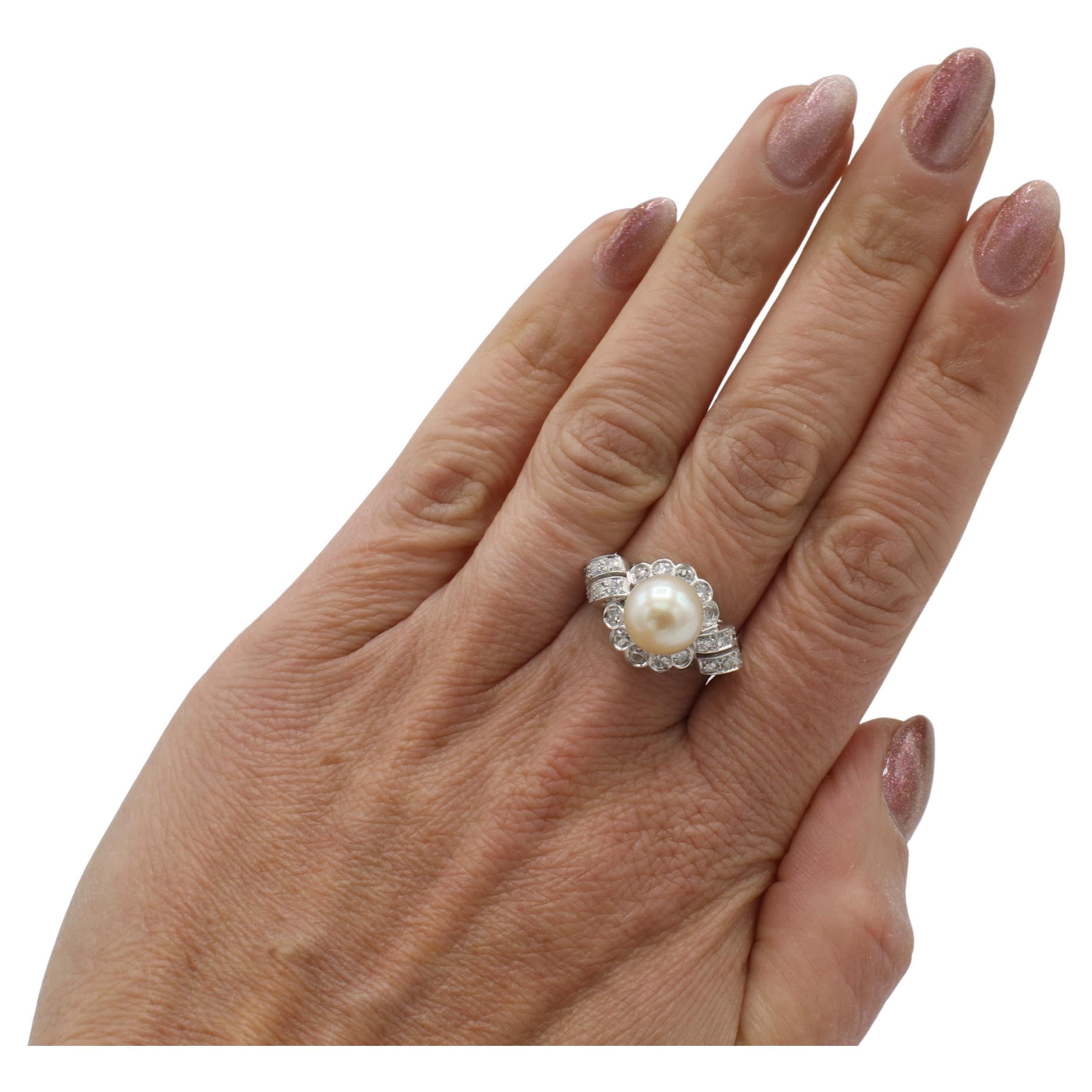De las mujeres Anillo Cóctel Cúpula Retro Platino Diamante Natural y Perla Cultivada en venta