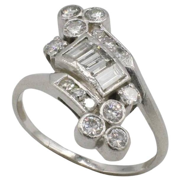 Retro Platinum Natural Round & Baguette Diamond Bypass Cocktail Ring
