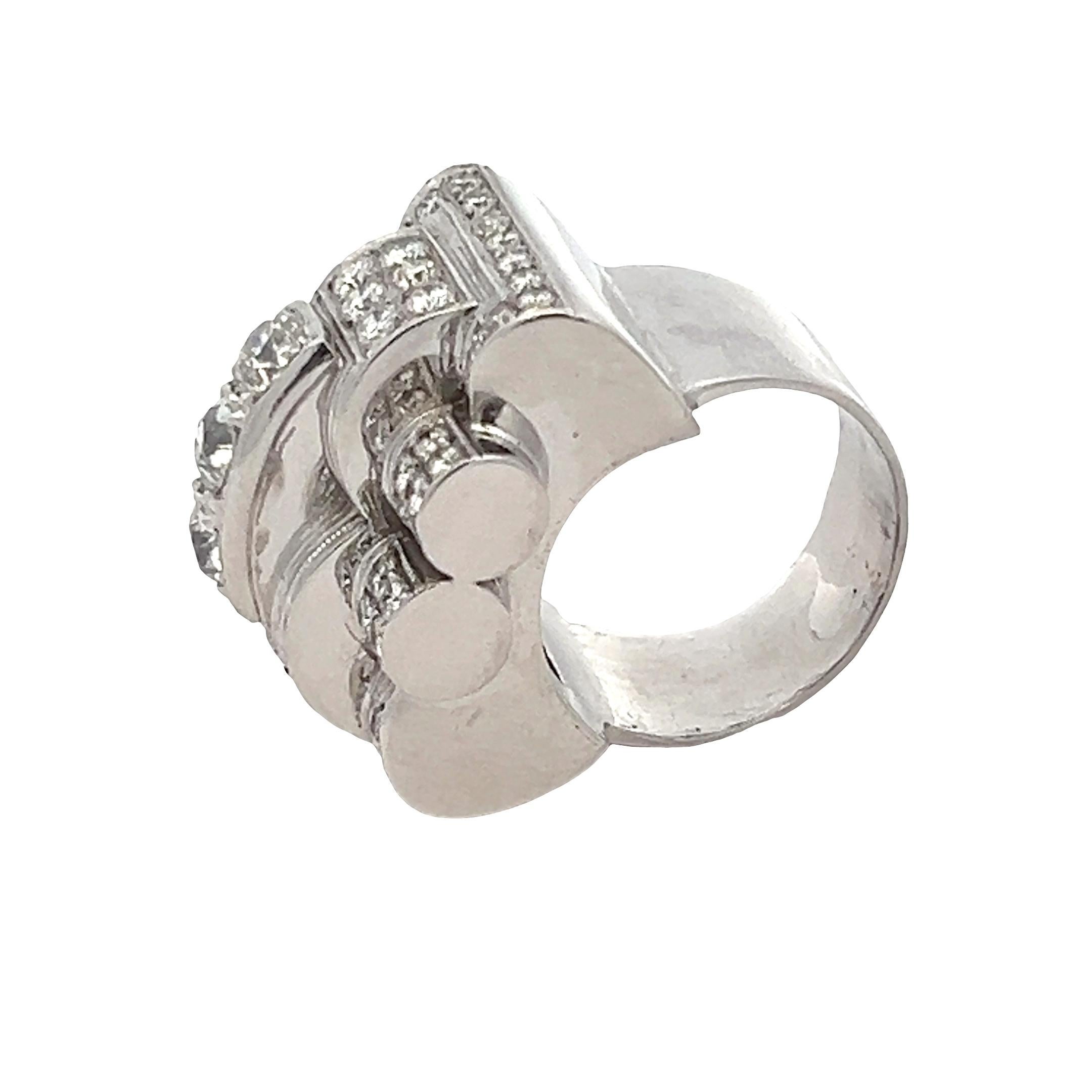 Art Deco Retro Platinum Old European Cut Diamond Architectural Ring, 3 Carats For Sale