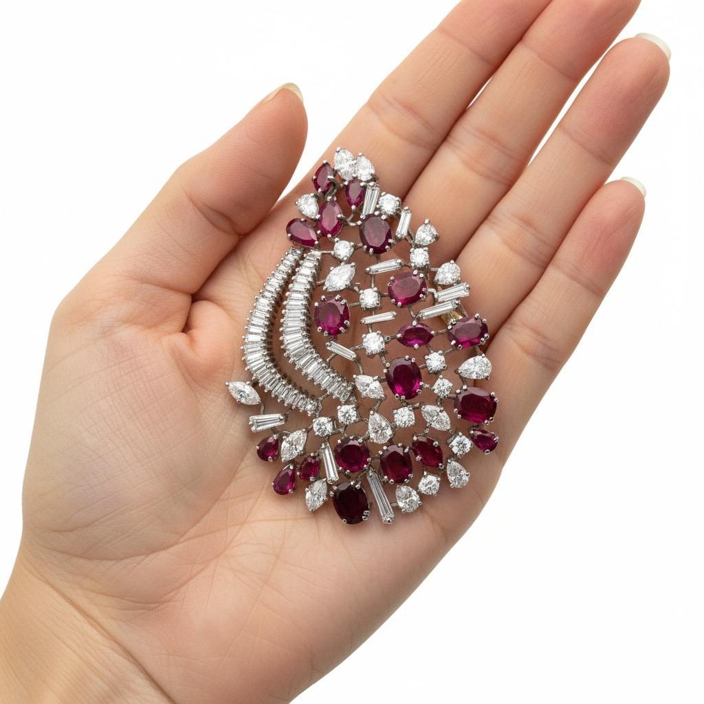 Questo straordinario ciondolo retrò è sapientemente realizzato in platino massiccio e mette in mostra un'abbagliante serie di rubini rosa di Burma con tagli marquise, pera e ovali per un totale di circa 11,00 carati. I vividi rubini rosa sono