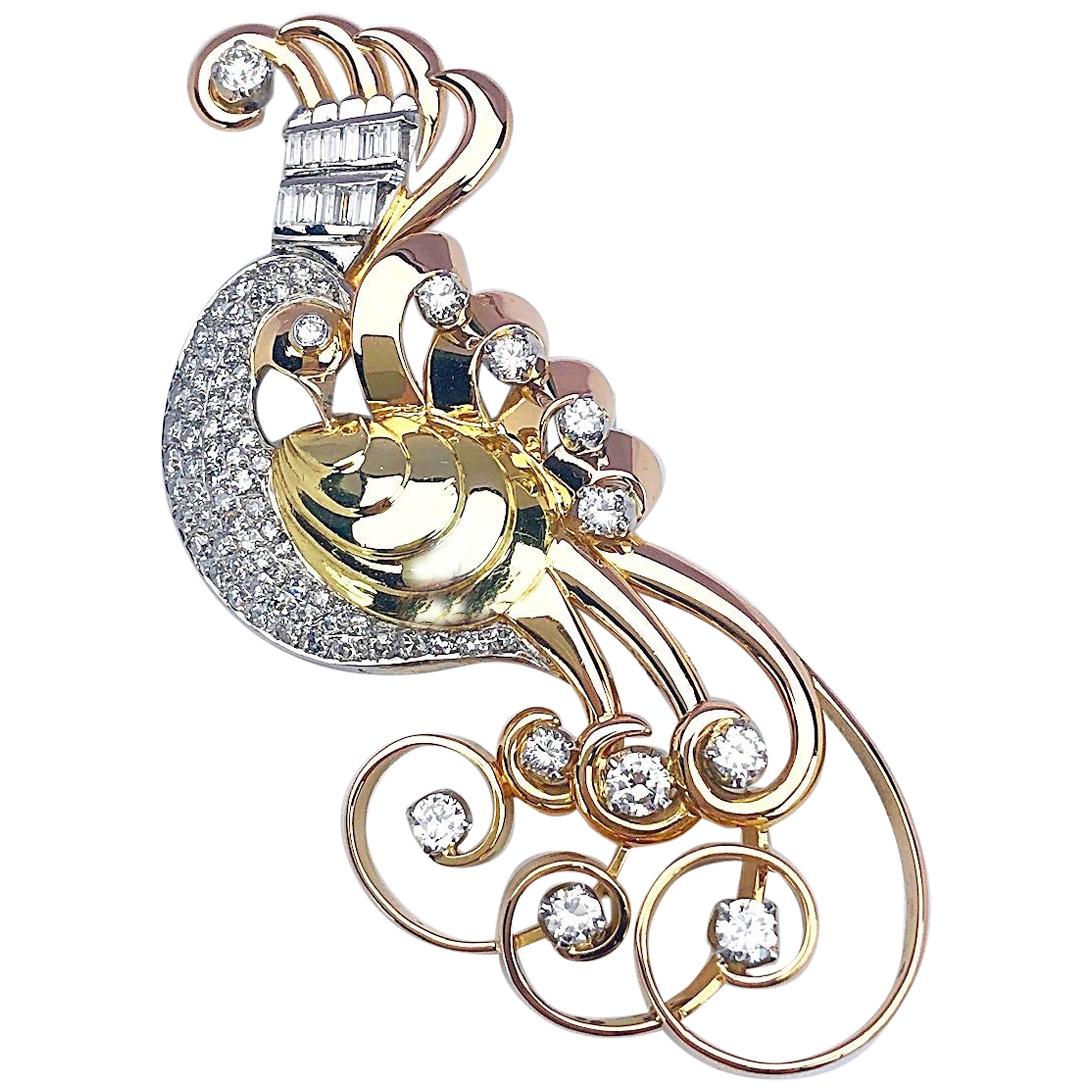 Retro Platinum, Rose and Yellow Gold Peacock Brooch with 2.95 Carat Diamonds