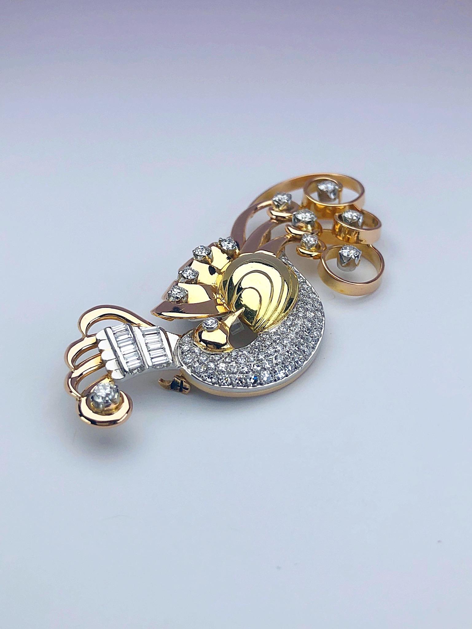 Retro Platinum, Rose and Yellow Gold Peacock Brooch with 2.95 Carat Diamonds In New Condition For Sale In New York, NY