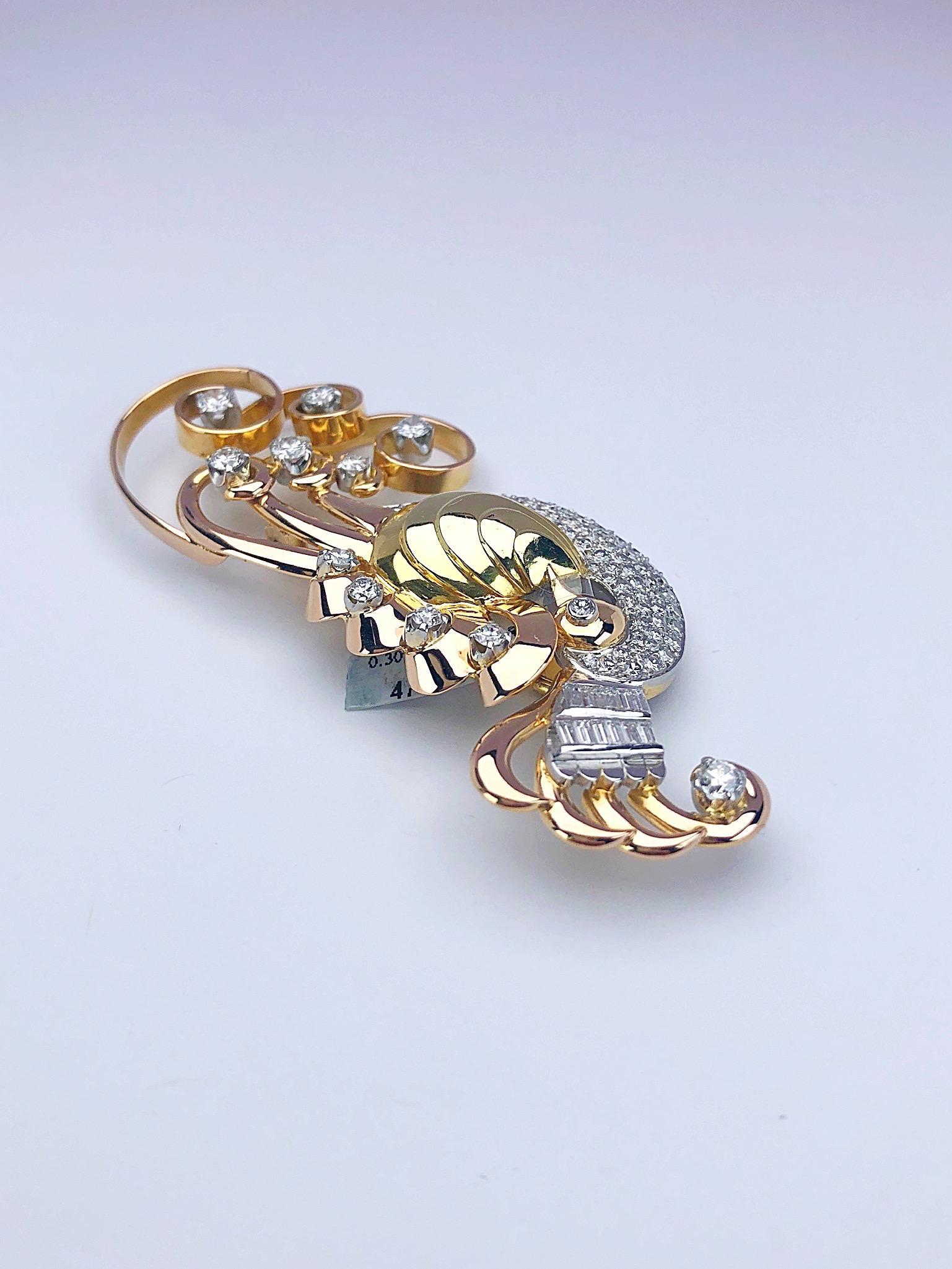 Women's or Men's Retro Platinum, Rose and Yellow Gold Peacock Brooch with 2.95 Carat Diamonds For Sale