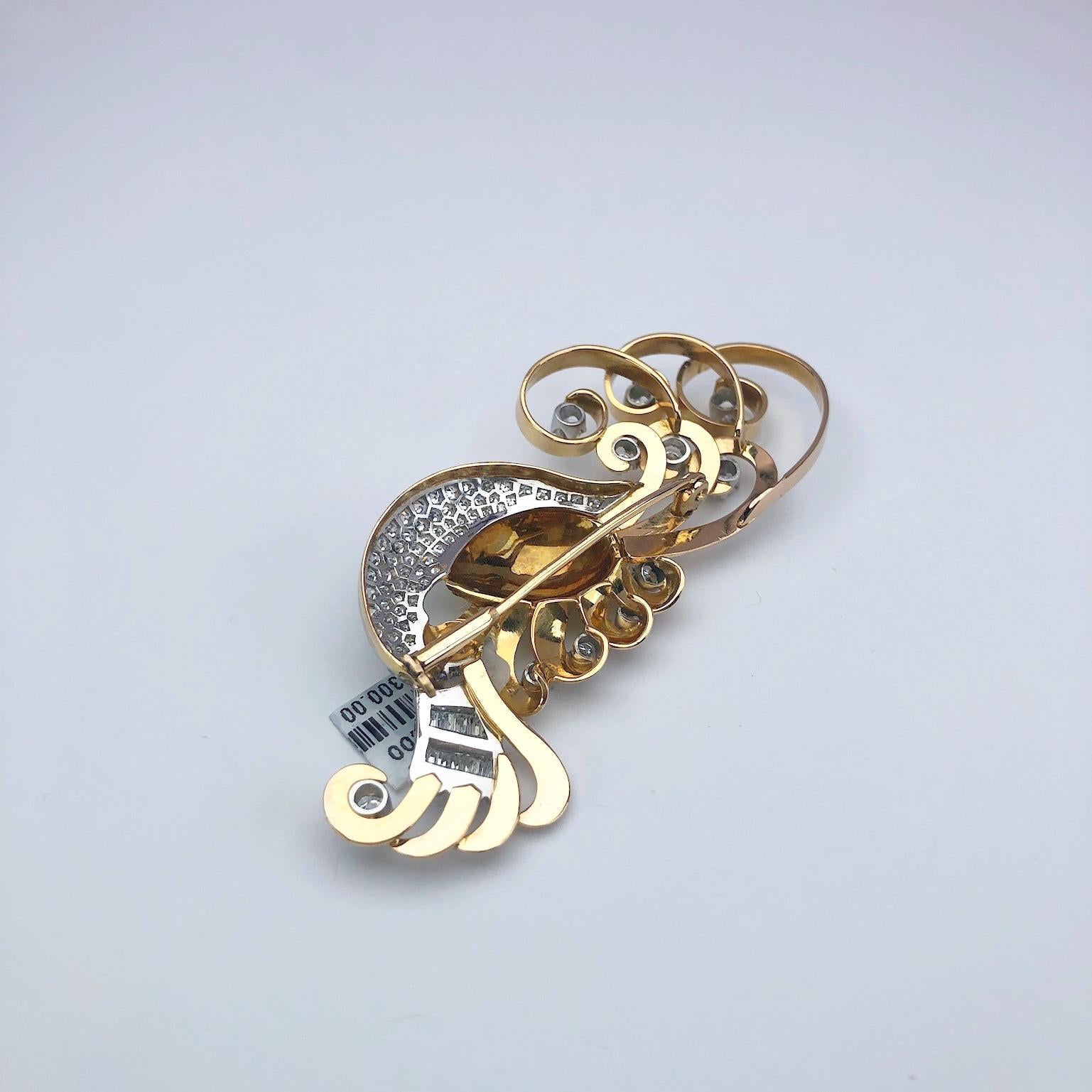 Retro Platinum, Rose and Yellow Gold Peacock Brooch with 2.95 Carat Diamonds For Sale 1