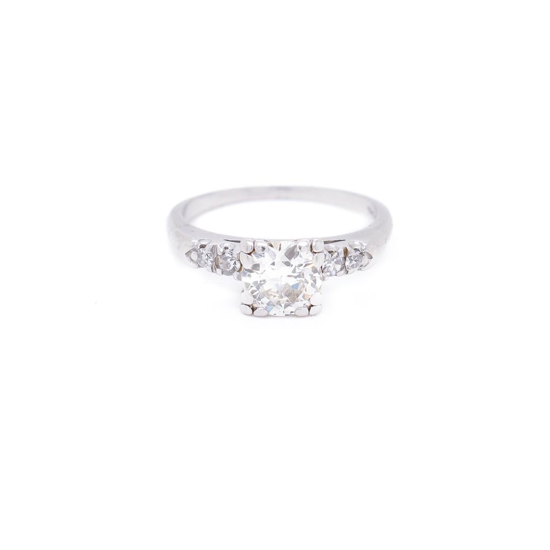 Retro Platinum & Round Mixed Cut 0.95 Ct Diamond Engagement Ring For Sale 6
