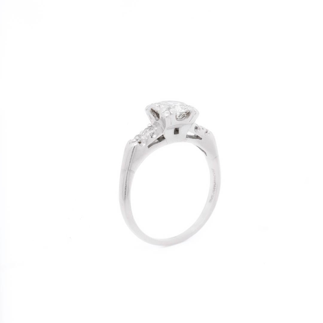 Retro Platinum & Round Mixed Cut 0.95 Ct Diamond Engagement Ring For Sale 7