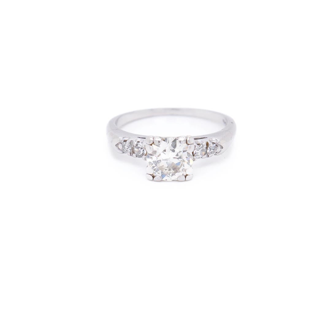 Women's Retro Platinum & Round Mixed Cut 0.95 Ct Diamond Engagement Ring For Sale