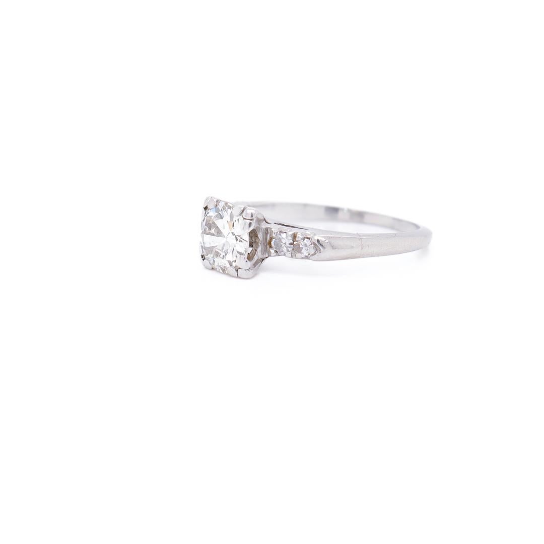 Retro Platinum & Round Mixed Cut 0.95 Ct Diamond Engagement Ring For Sale 1