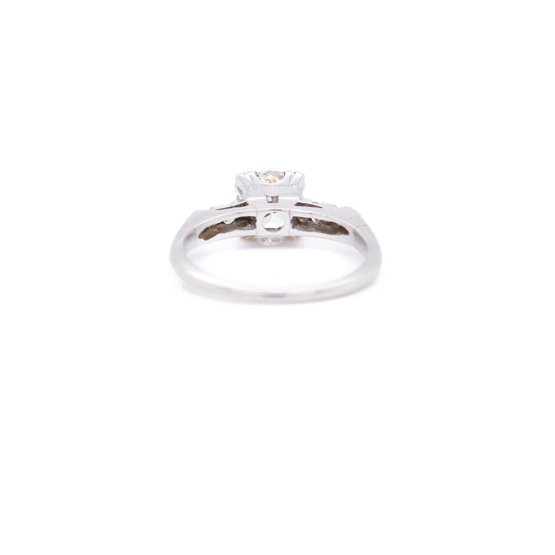 Retro Platinum & Round Mixed Cut 0.95 Ct Diamond Engagement Ring For Sale 2