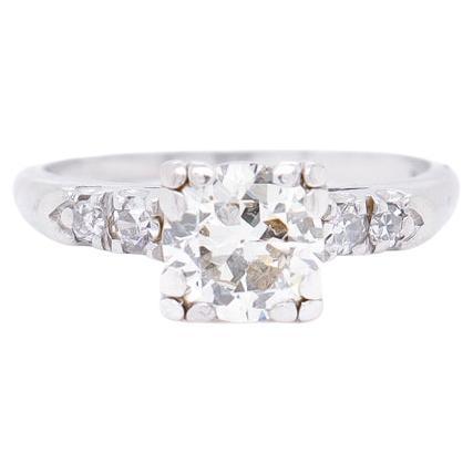 Retro Platinum & Round Mixed Cut 0.95 Ct Diamond Engagement Ring For Sale