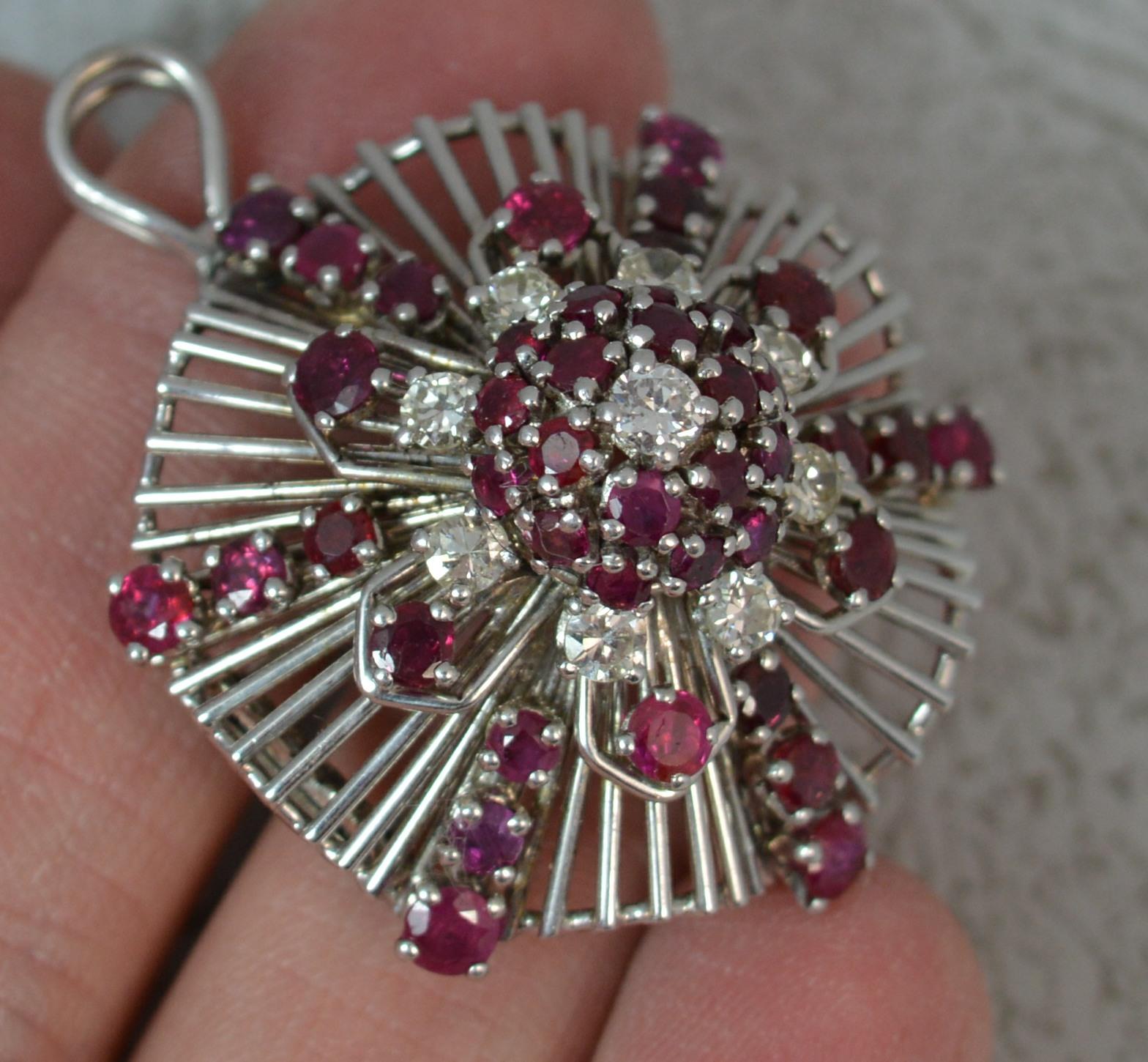Retro Platinum Ruby Diamond Cluster Pendant Brooch In Good Condition In St Helens, GB