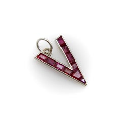 Retro Platinum World War II V for Victory Ruby Pendant Charm