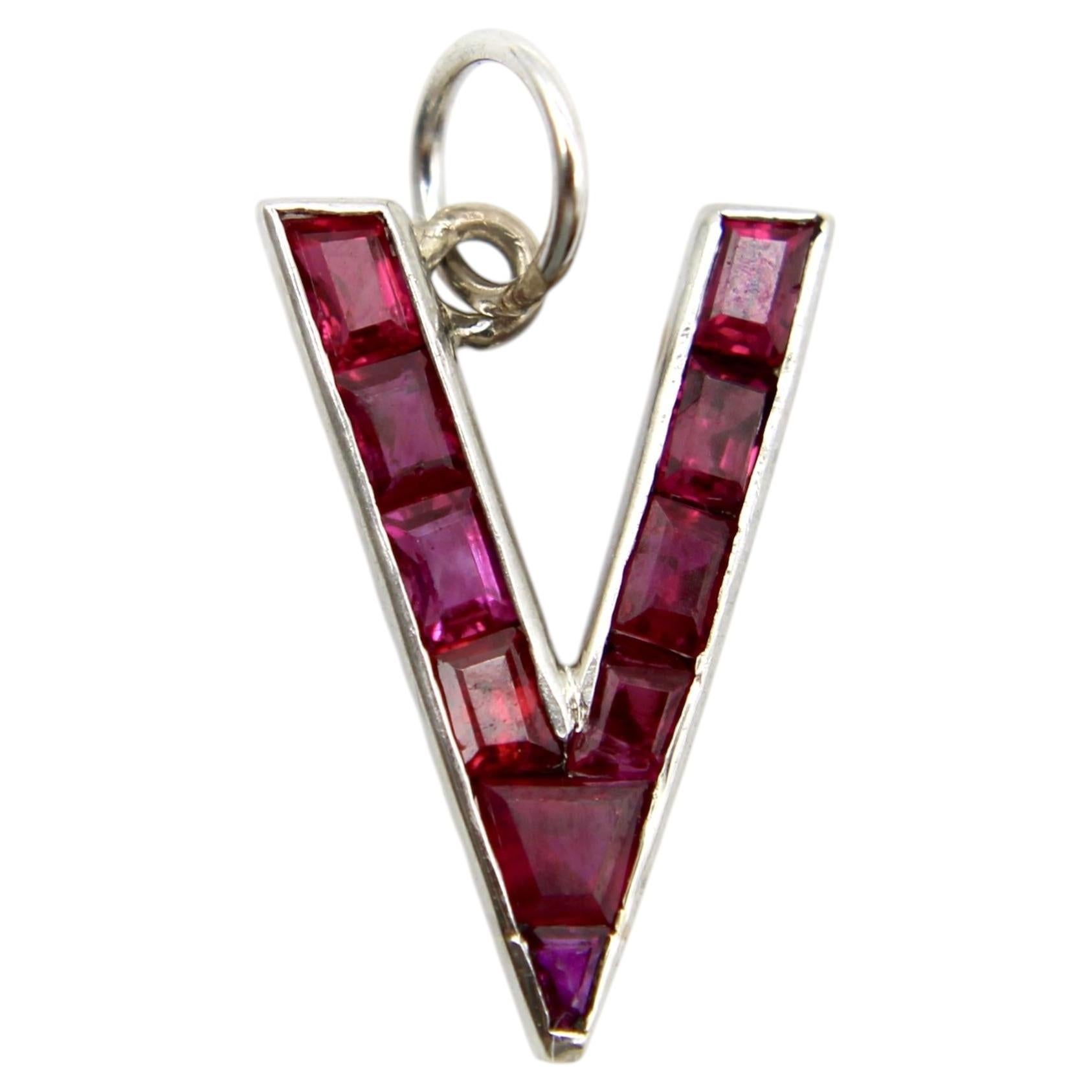Retro Platinum World War II V for Victory Ruby Pendant Charm For Sale