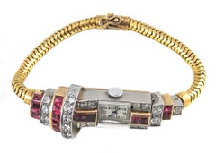 Retro Platin Gelbgold Diamant Burma Rubin Armbanduhr