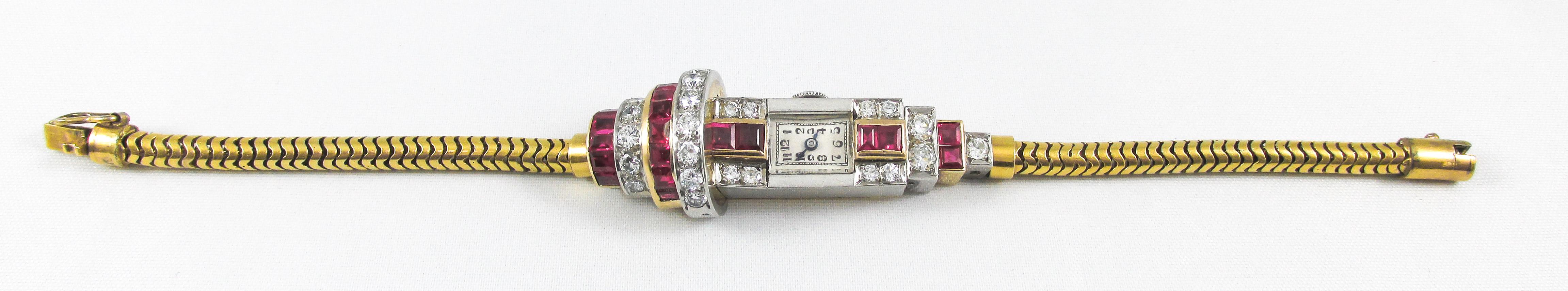 Old European Cut Retro Platinum Yellow Gold Diamond Burma Ruby Wristwatch For Sale