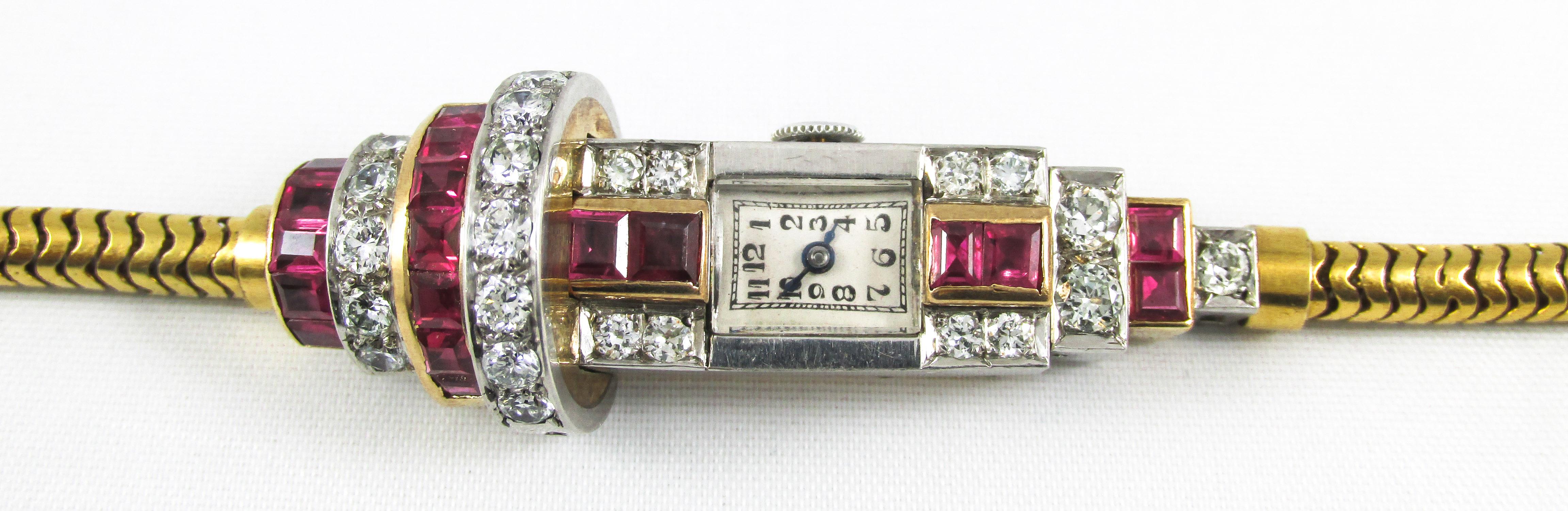 Retro Platin Gelbgold Diamant Burma Rubin Armbanduhr im Zustand „Hervorragend“ im Angebot in New York, NY