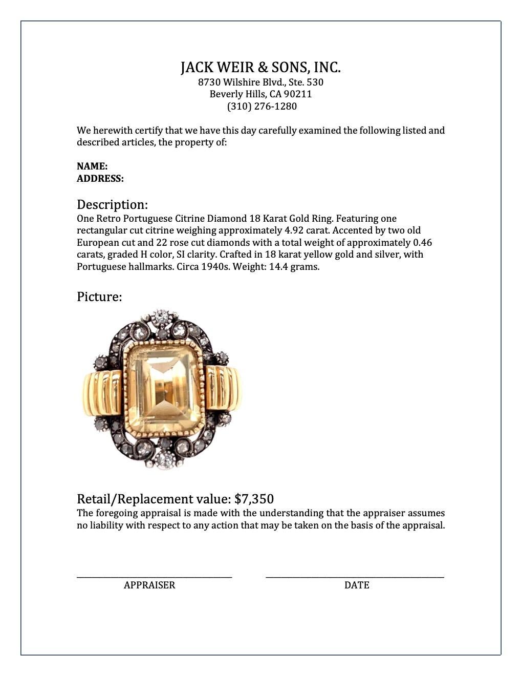 Retro Portuguese Citrine Diamond 18 Karat Gold Ring In Excellent Condition In Beverly Hills, CA