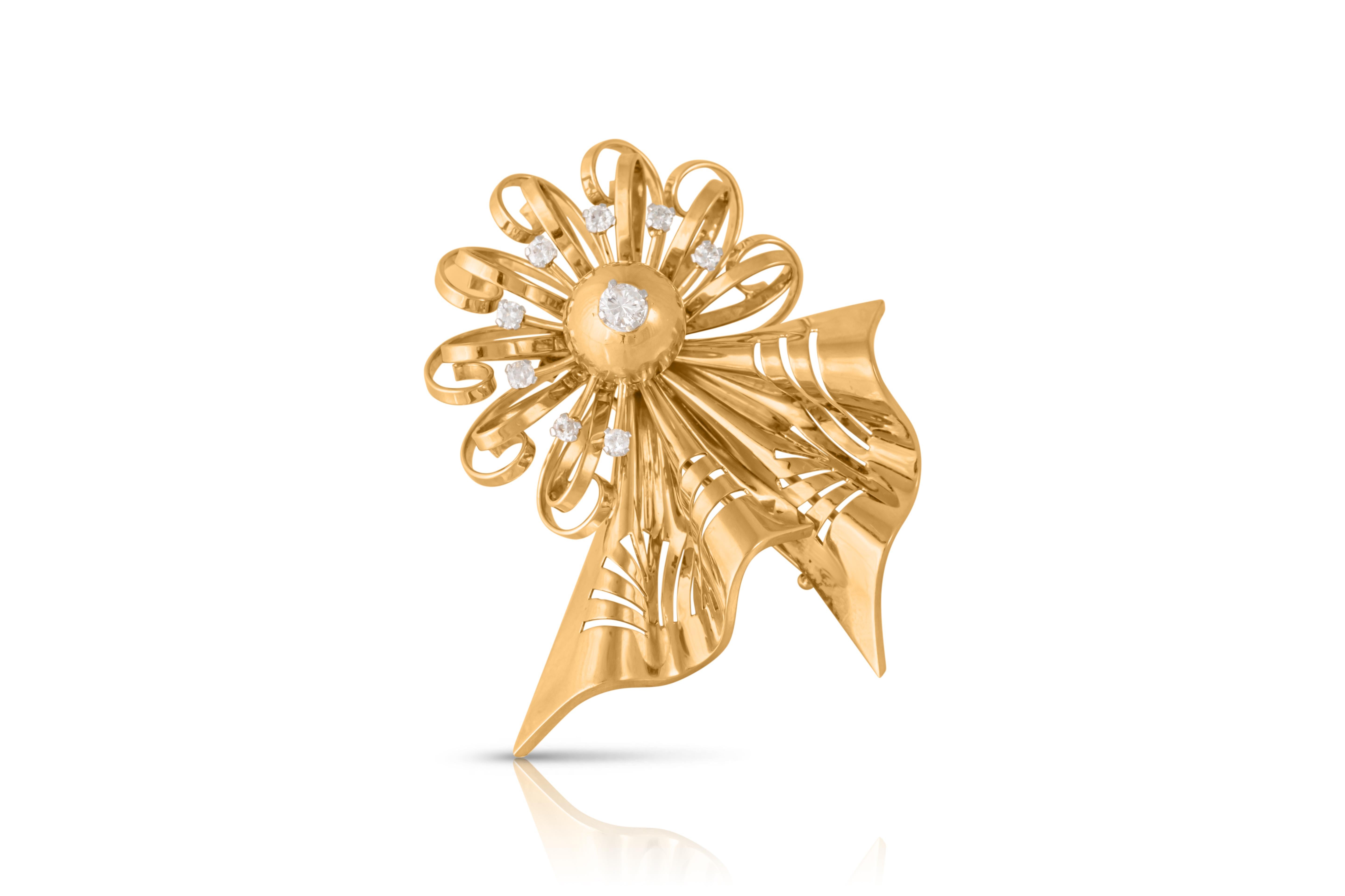 Giftwrap your lapel in this fun and festive gold brooch from the fabulous Retro period. Artfully stylised in radiant 18ct gold, the multi-dimensional design comprises eight looping bows tied in two undulating ribbons with hollow detailing. Sparkling