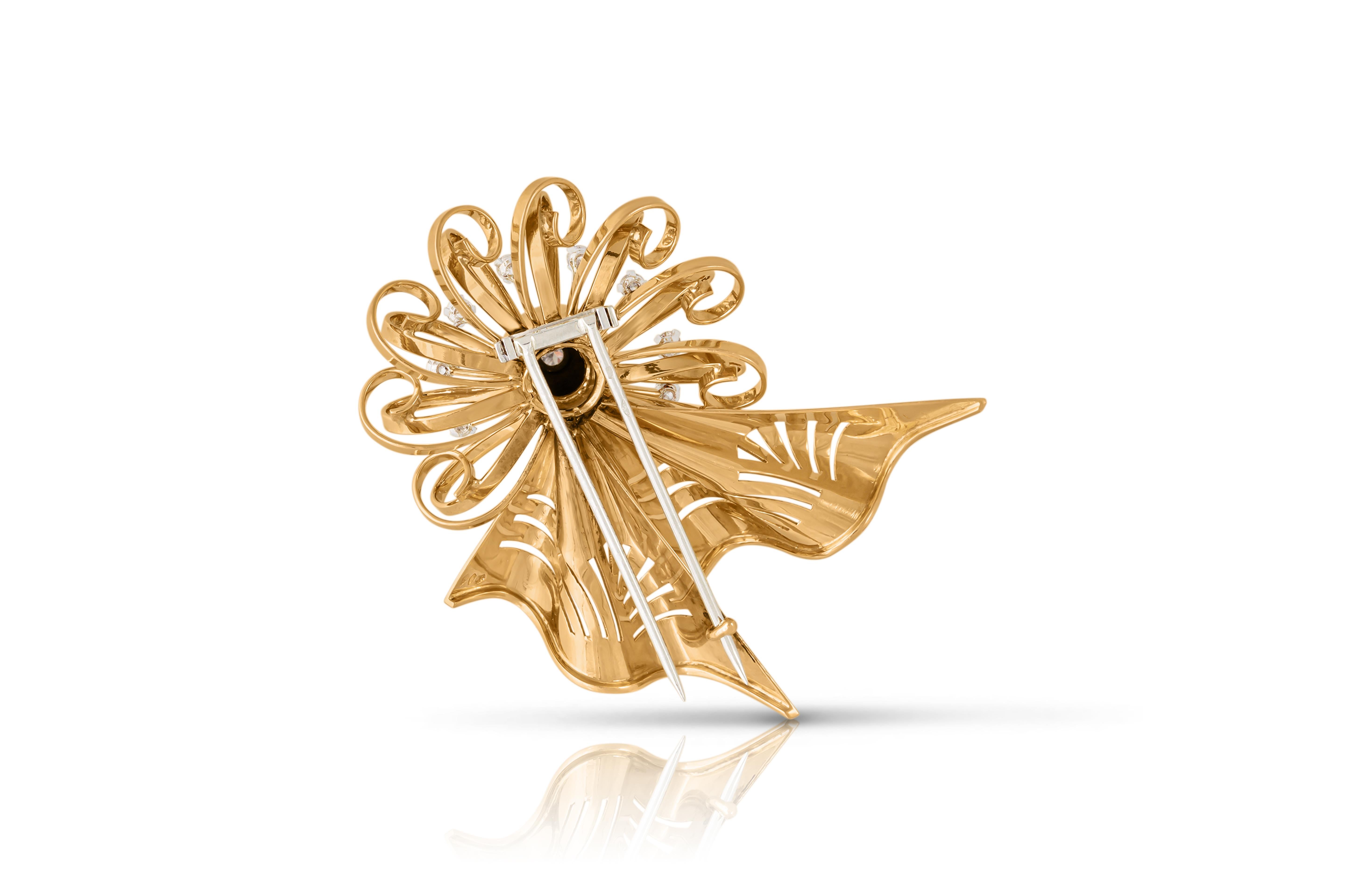 Women's or Men's Retro Ribbon And Bow 18ct Gold Brooch With Diamonds For Sale