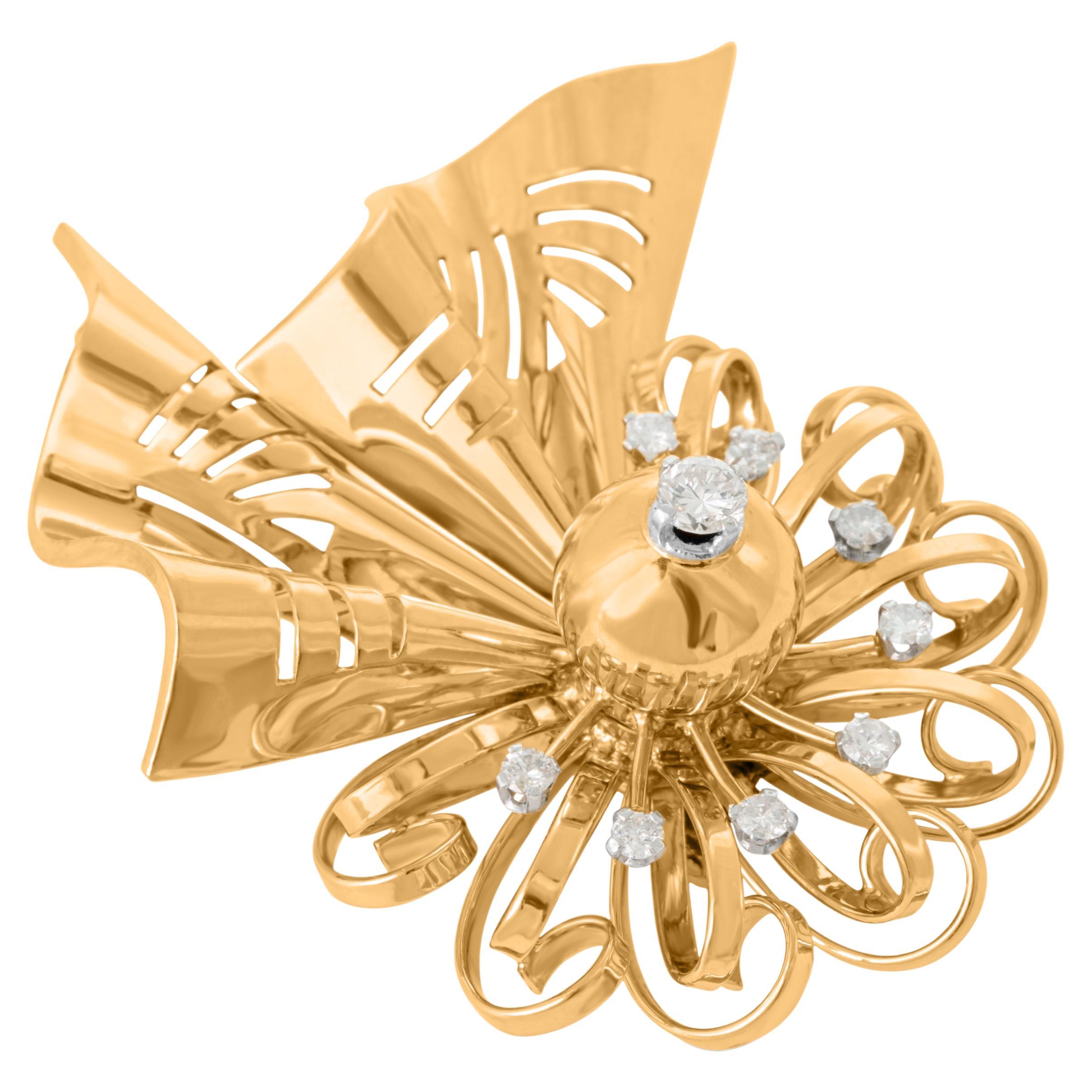 Retro Ribbon And Bow 18ct Gold Brooch With Diamonds For Sale