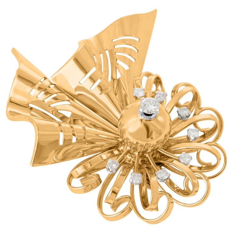 Retro Ribbon And Bow 18ct Gold Brooch With Diamonds For Sale at 1stDibs