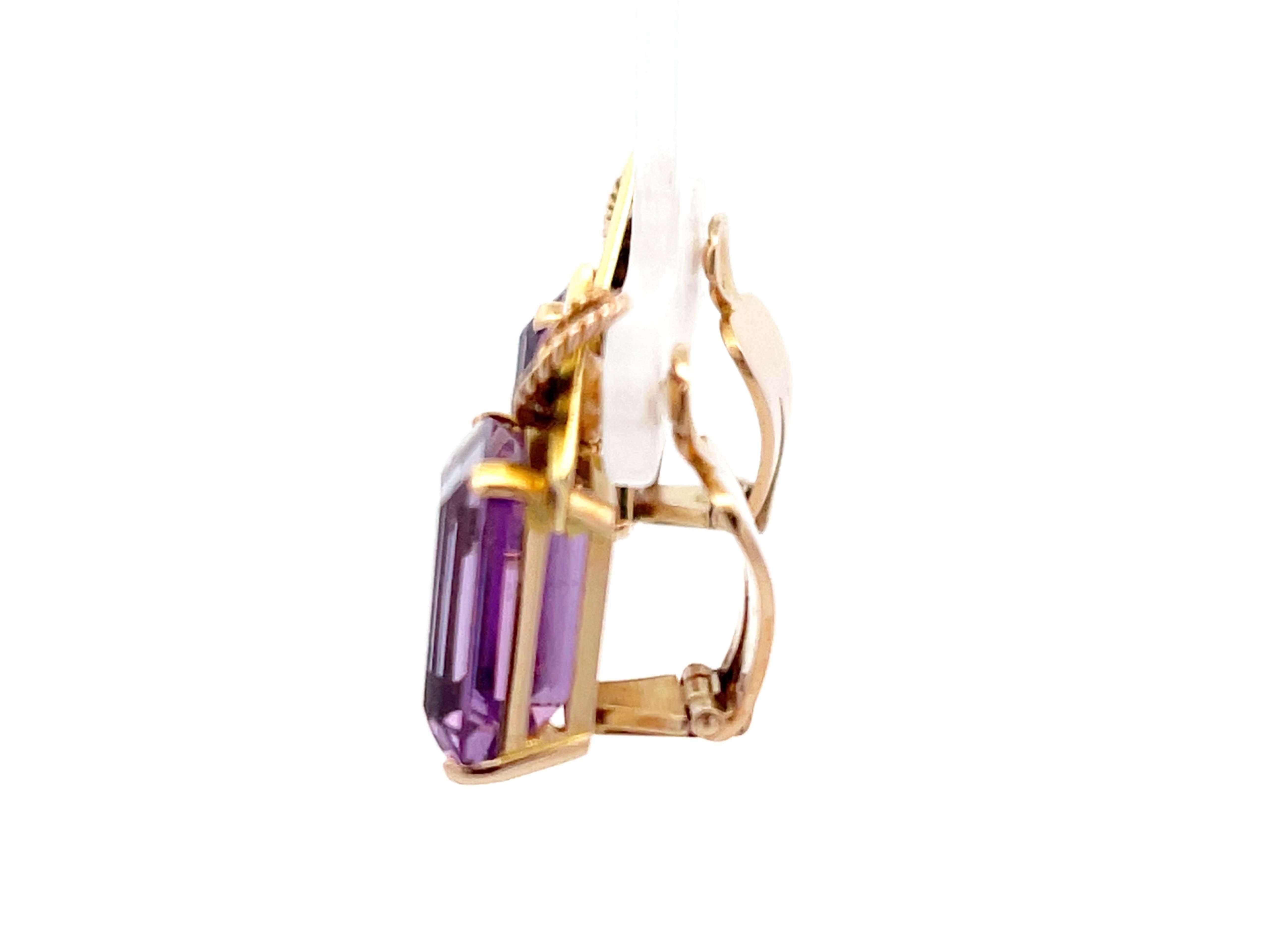 Retro Purple Amethyst Clip on Earrings in 18k Yellow Gold In Excellent Condition In Honolulu, HI