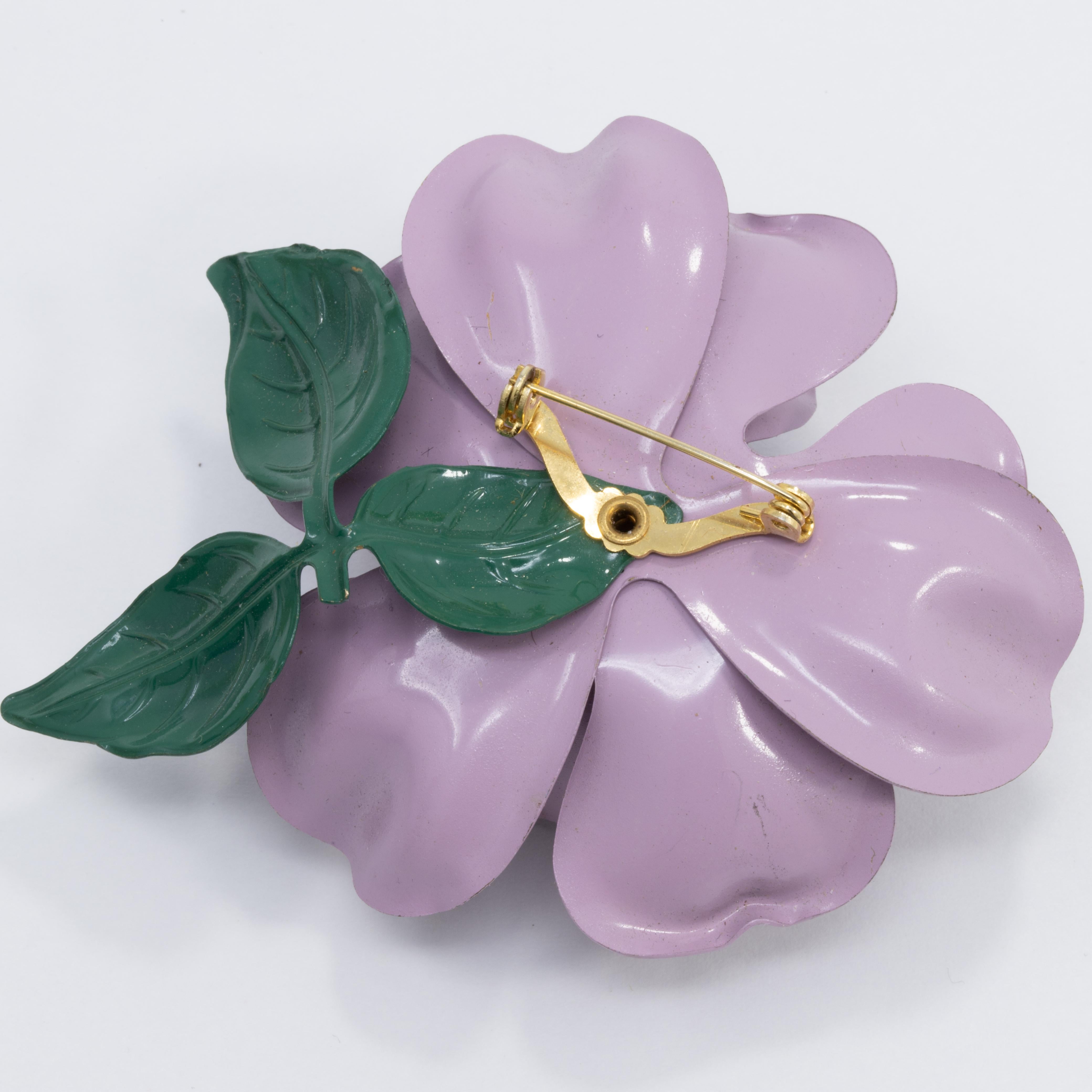 Retro Purple and Green Rose Oversized Pin Brooch in Gold In Excellent Condition For Sale In Milford, DE