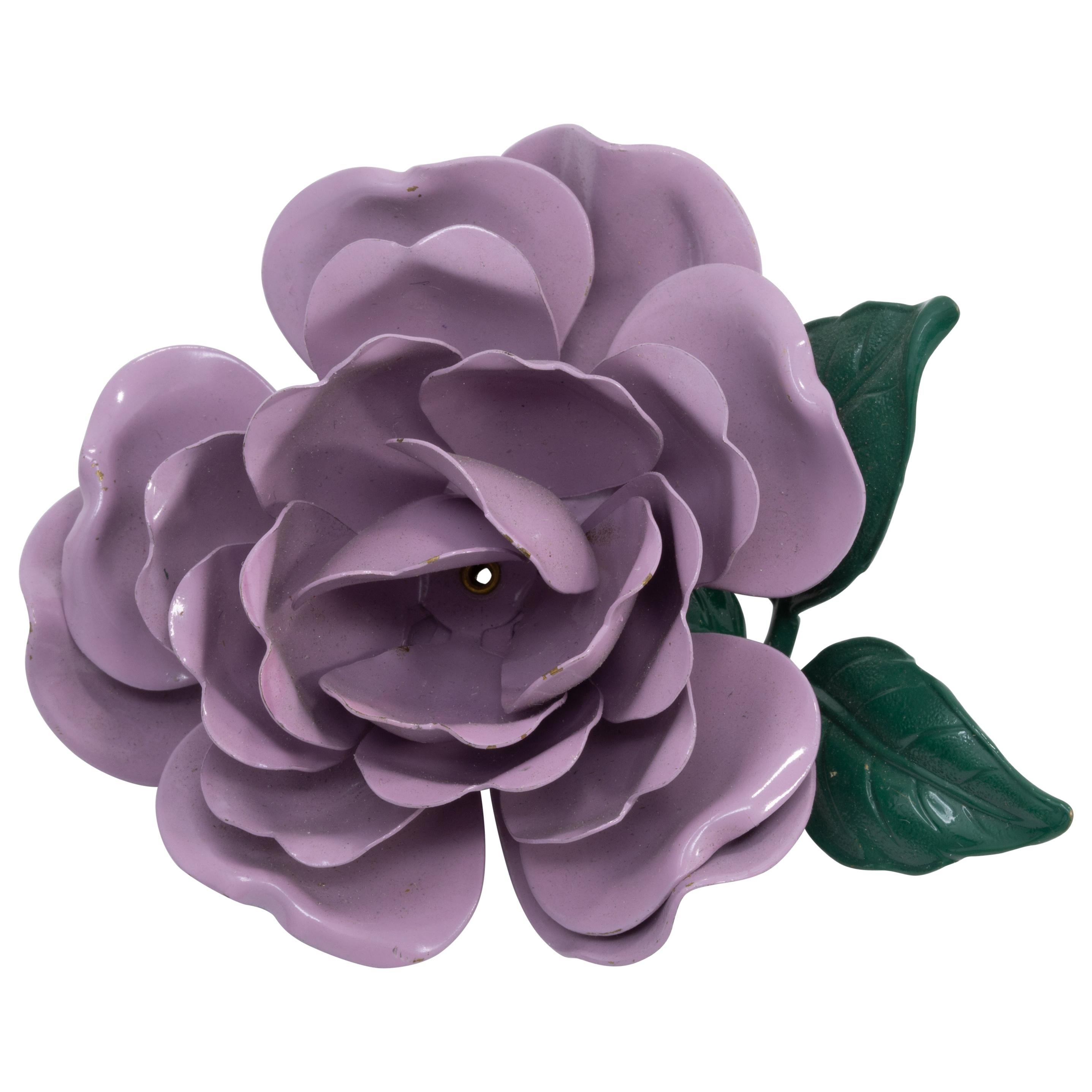 Retro Purple and Green Rose Oversized Pin Brooch in Gold For Sale