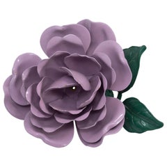 Vintage Purple and Green Rose Oversized Pin Brooch in Gold