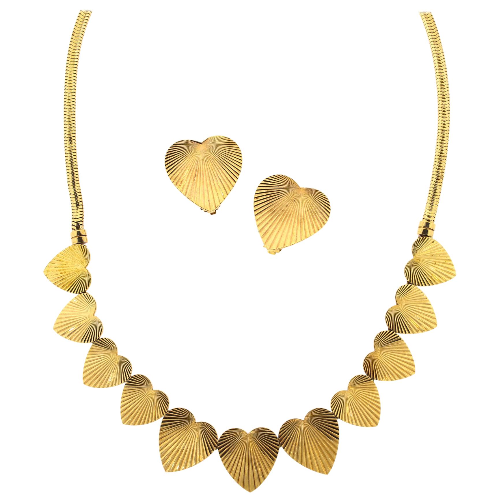 Retro Raymond Yard 14 Karat Yellow Gold Fluted Heart Necklace and Earrings