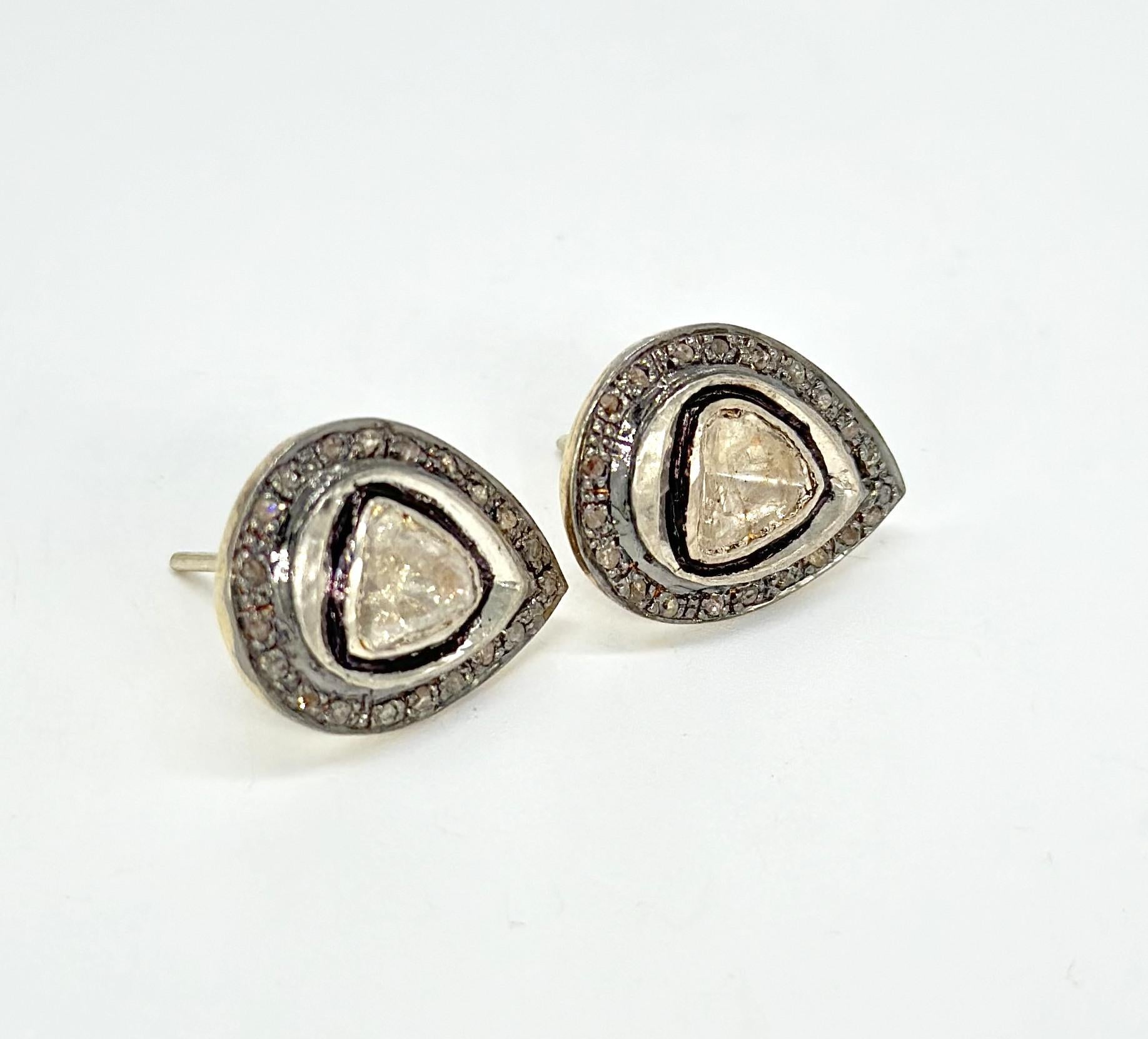 Pendientes retro auténticos de diamante en bruto talla rosa de oro y plata con forma de lágrima Victoriano en venta