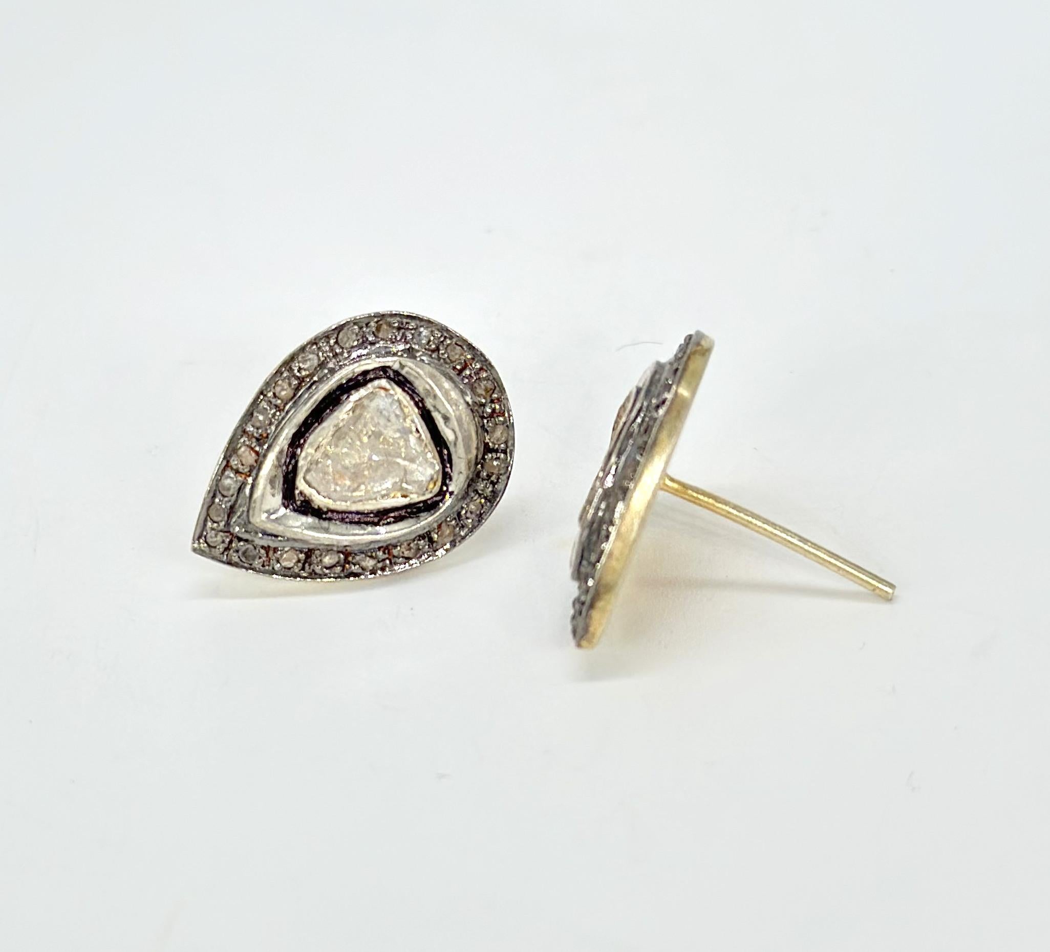 Pendientes retro auténticos de diamante en bruto talla rosa de oro y plata con forma de lágrima Corte mixto en venta