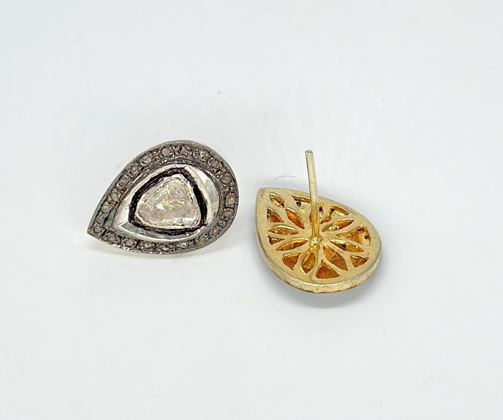 De las mujeres Pendientes retro auténticos de diamante en bruto talla rosa de oro y plata con forma de lágrima en venta