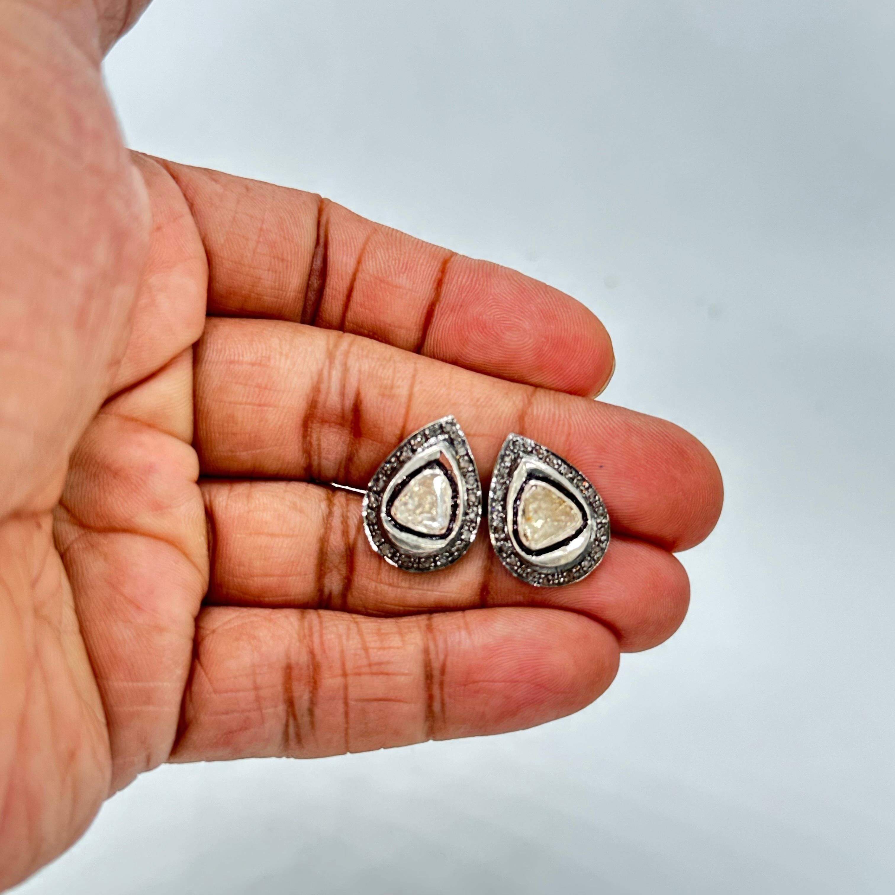 Pendientes retro auténticos de diamante en bruto talla rosa de oro y plata con forma de lágrima en venta 1