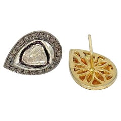 Retro big real uncut rose cut Diamond gold silver tear drop stud earrings