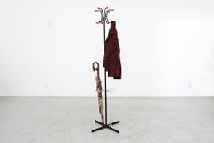 Retro Wire Coat Tree and Umbrella Stand in Black and Chrome with Red Hooks