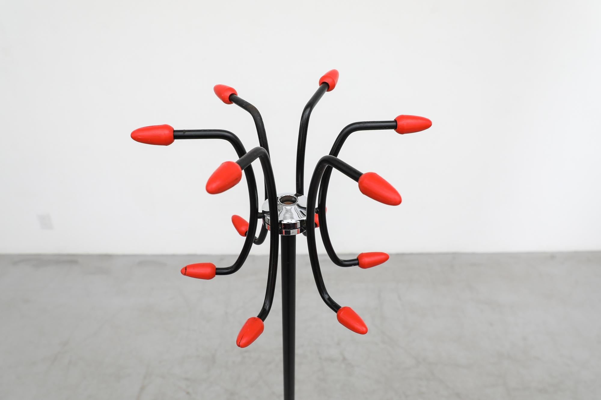 Mid-20th Century Retro Wire Coat Tree and Umbrella Stand in Black and Chrome with Red Hooks For Sale