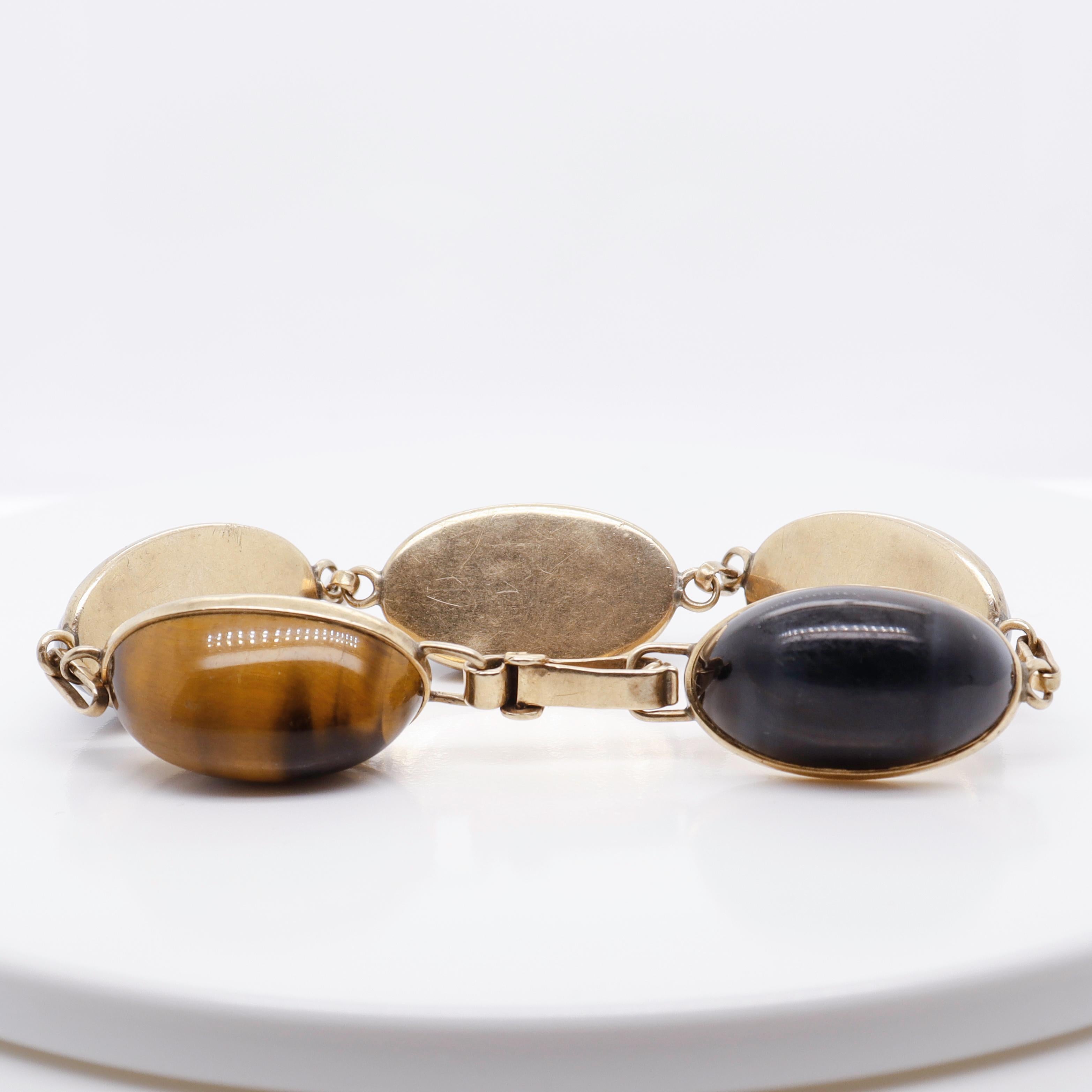 Retro Rotes, blaues und goldenes Tigerauge-Cabochon-Armband aus 9 Karat Gold 3