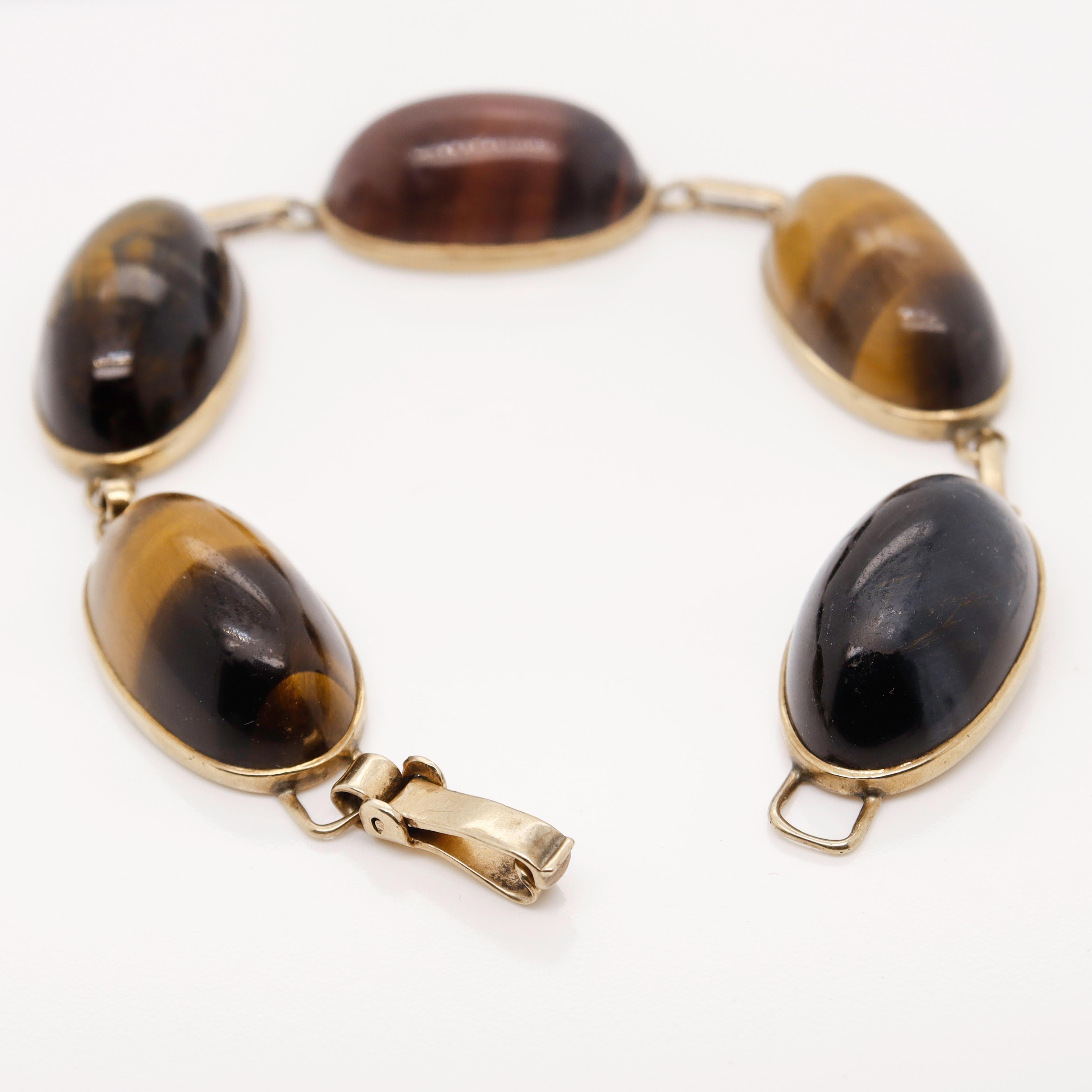Retro Rotes, blaues und goldenes Tigerauge-Cabochon-Armband aus 9 Karat Gold 8