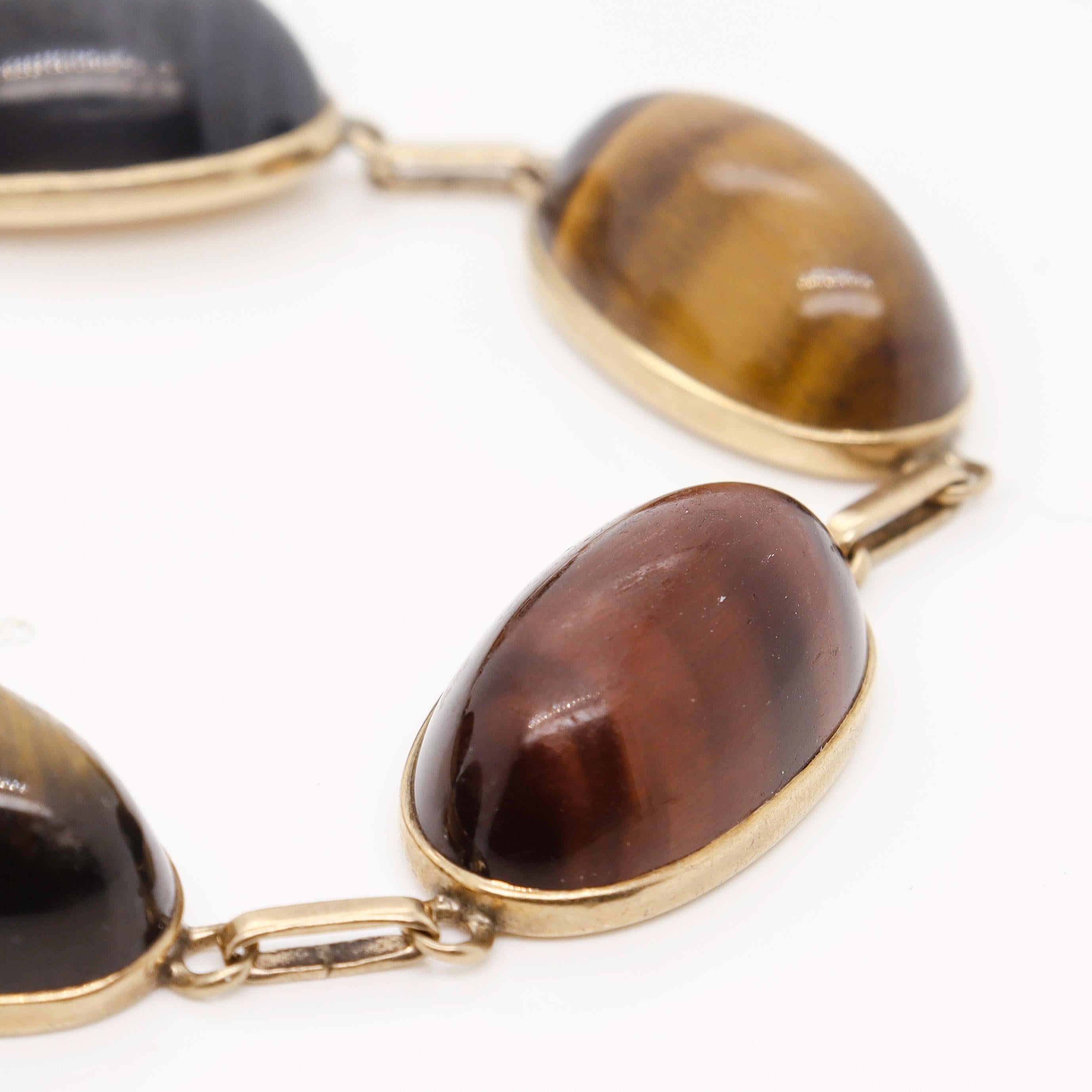 Retro Rotes, blaues und goldenes Tigerauge-Cabochon-Armband aus 9 Karat Gold 12