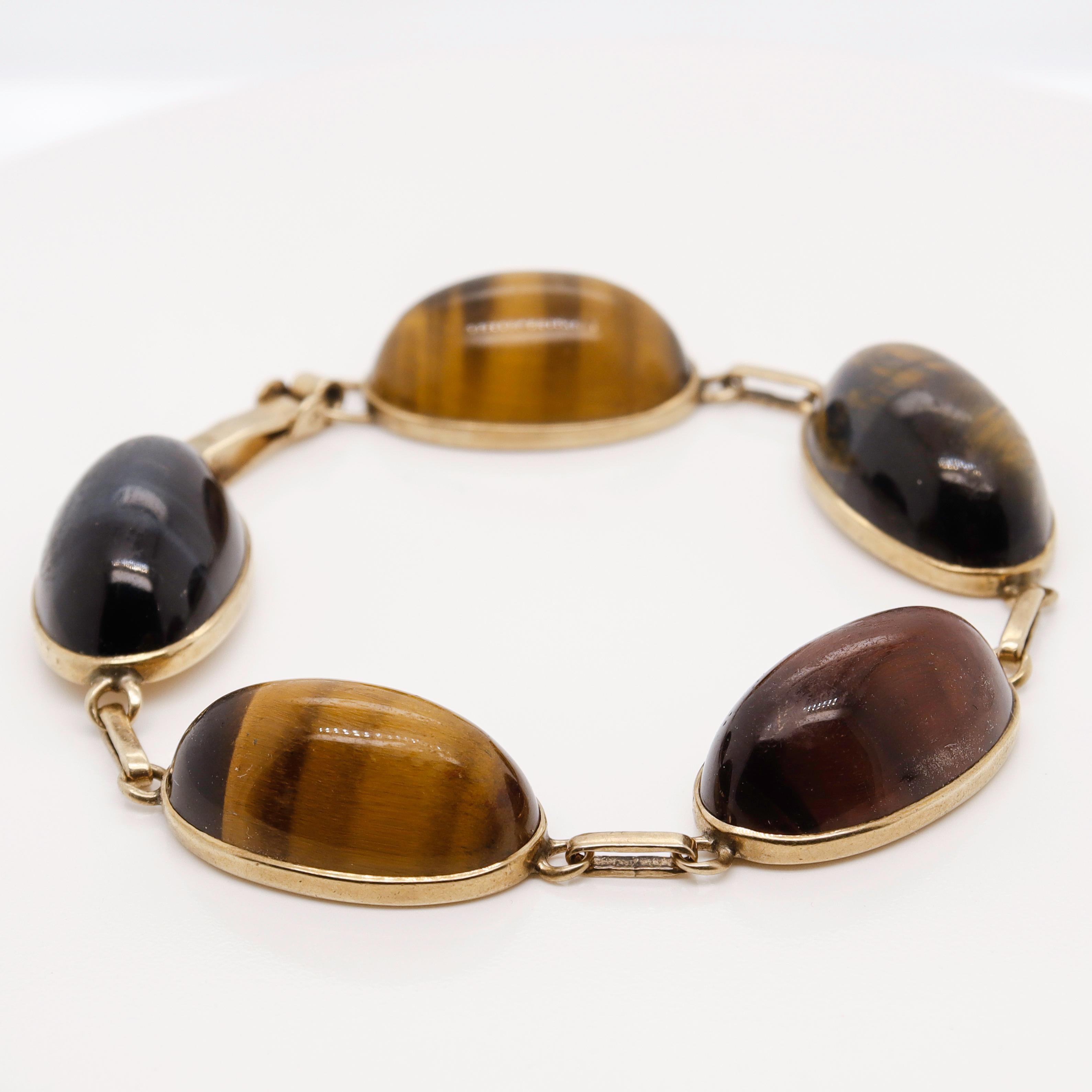 Retro Rotes, blaues und goldenes Tigerauge-Cabochon-Armband aus 9 Karat Gold Damen