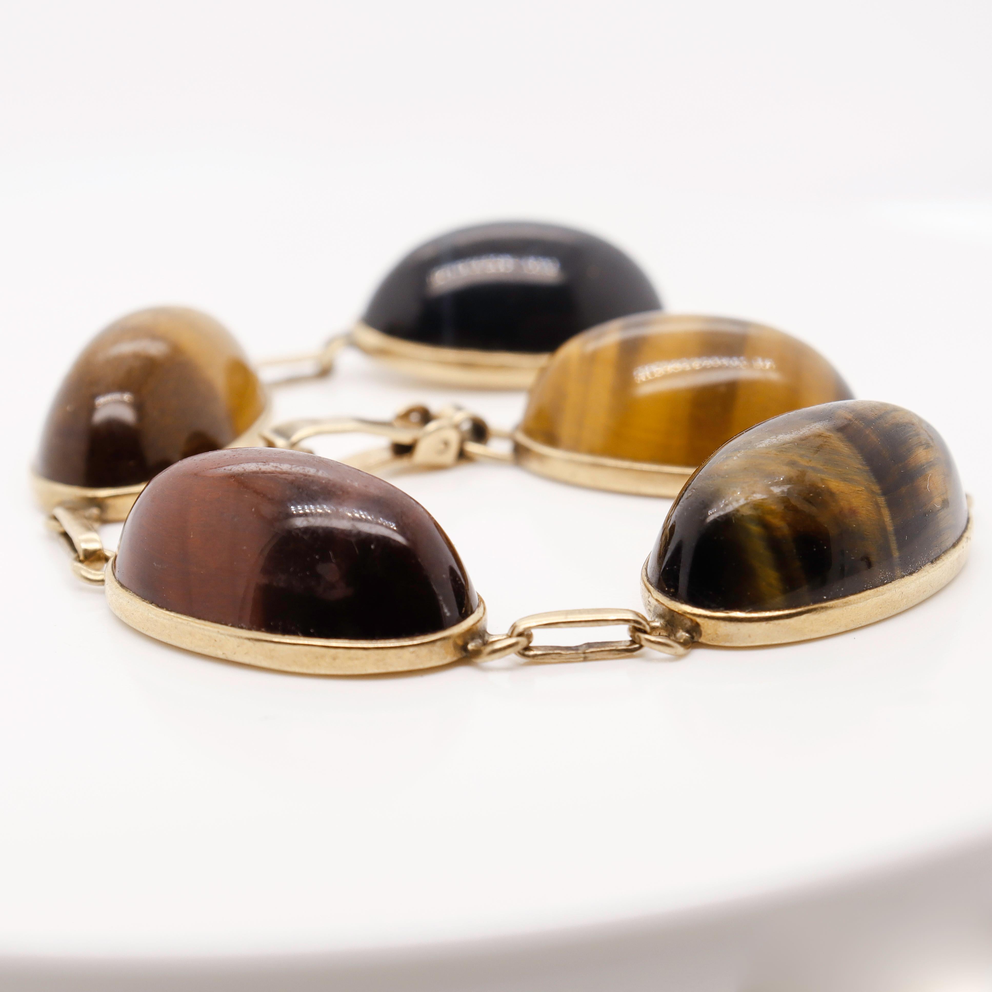 Retro Rotes, blaues und goldenes Tigerauge-Cabochon-Armband aus 9 Karat Gold 2