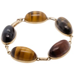Retro Rotes, blaues und goldenes Tigerauge-Cabochon-Armband aus 9 Karat Gold