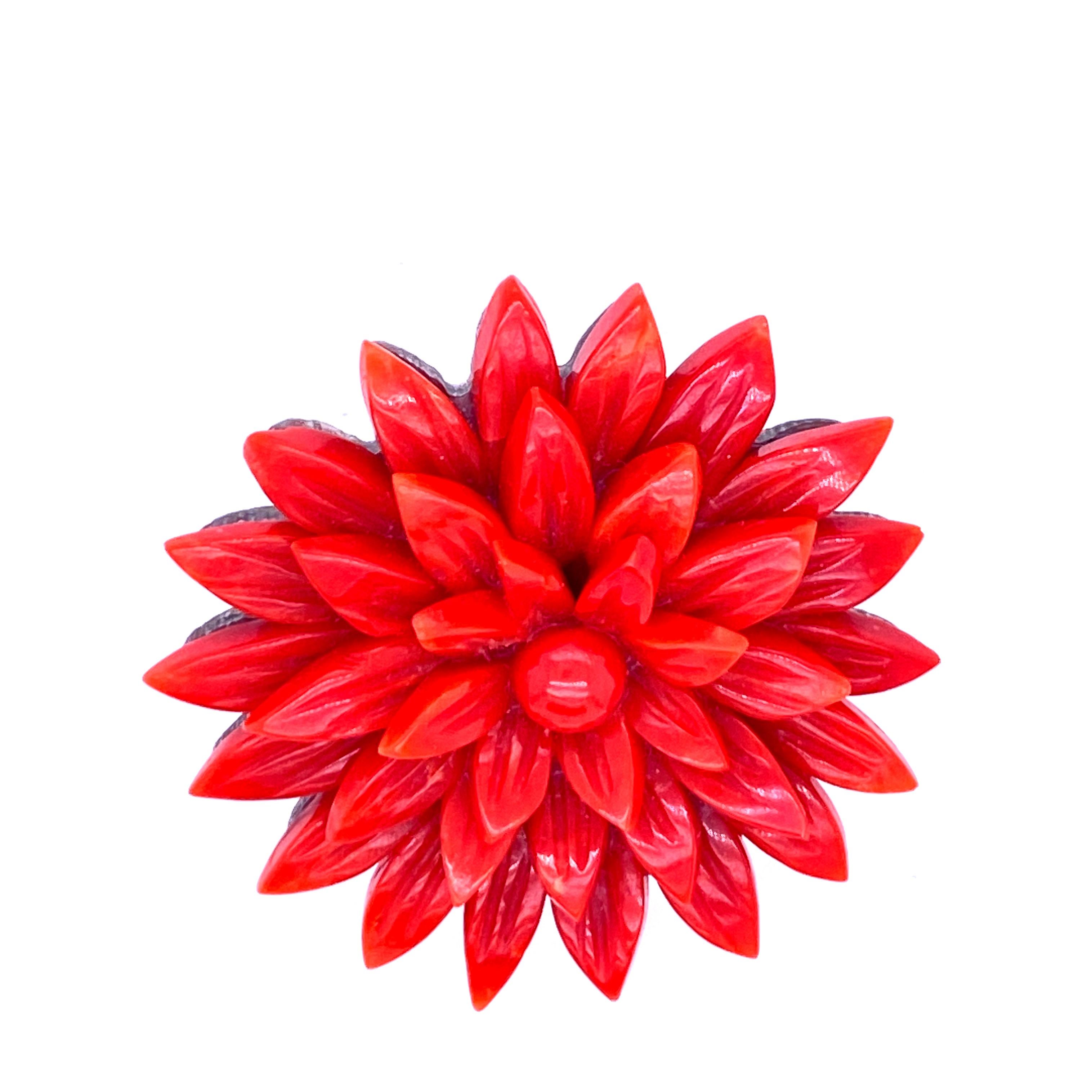 One Retro red coral flower pin measuring 1.5 inches with an abalone backing and yellow gold filled clasp.  
