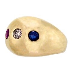 Retro Red, White, and Blue Gemstone 14Kt Yellow Gold Ring