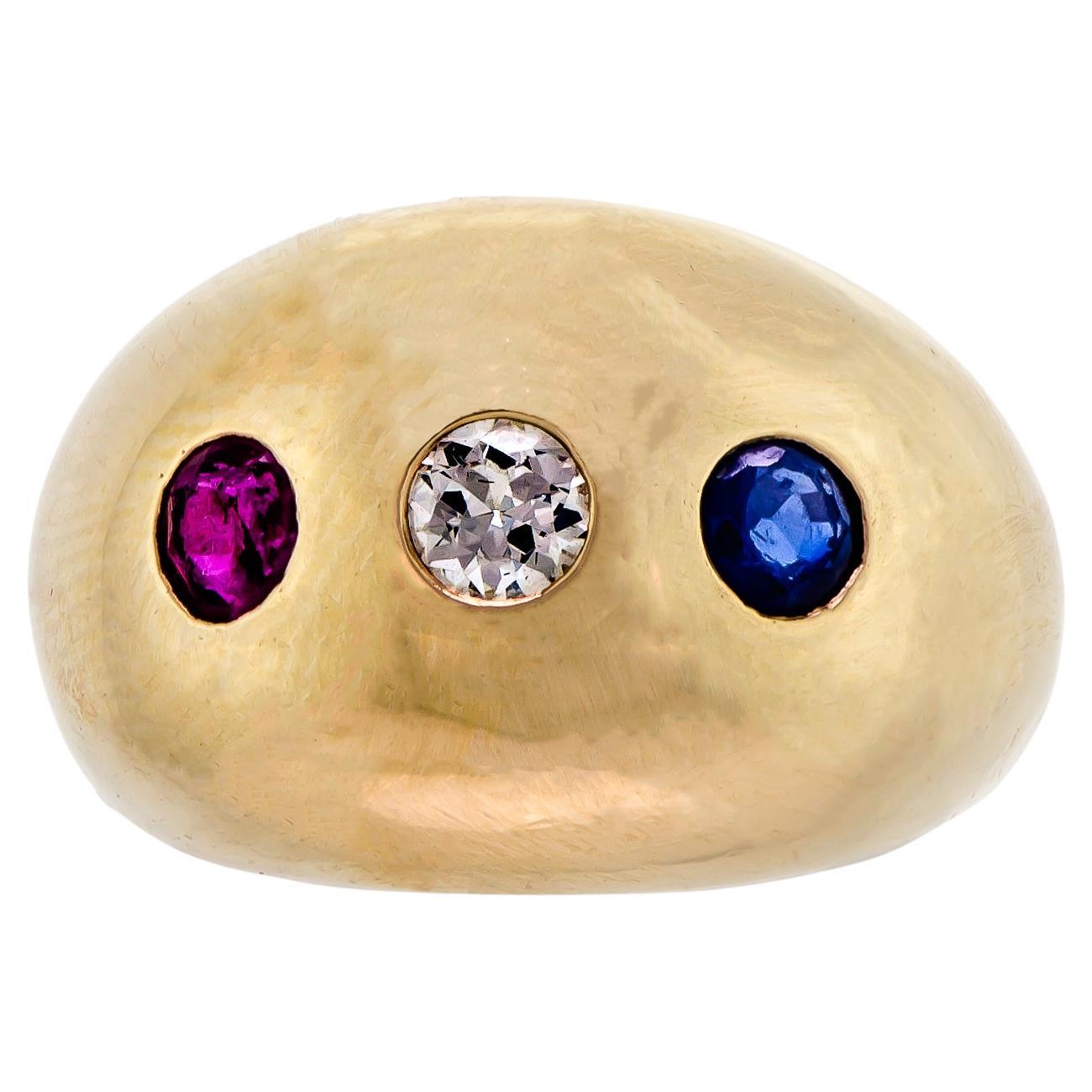 Retro Red, White, and Blue Gemstone 14Kt Yellow Gold Ring For Sale