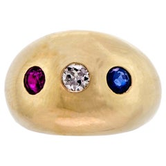Retro Red, White, and Blue Gemstone 14Kt Yellow Gold Ring