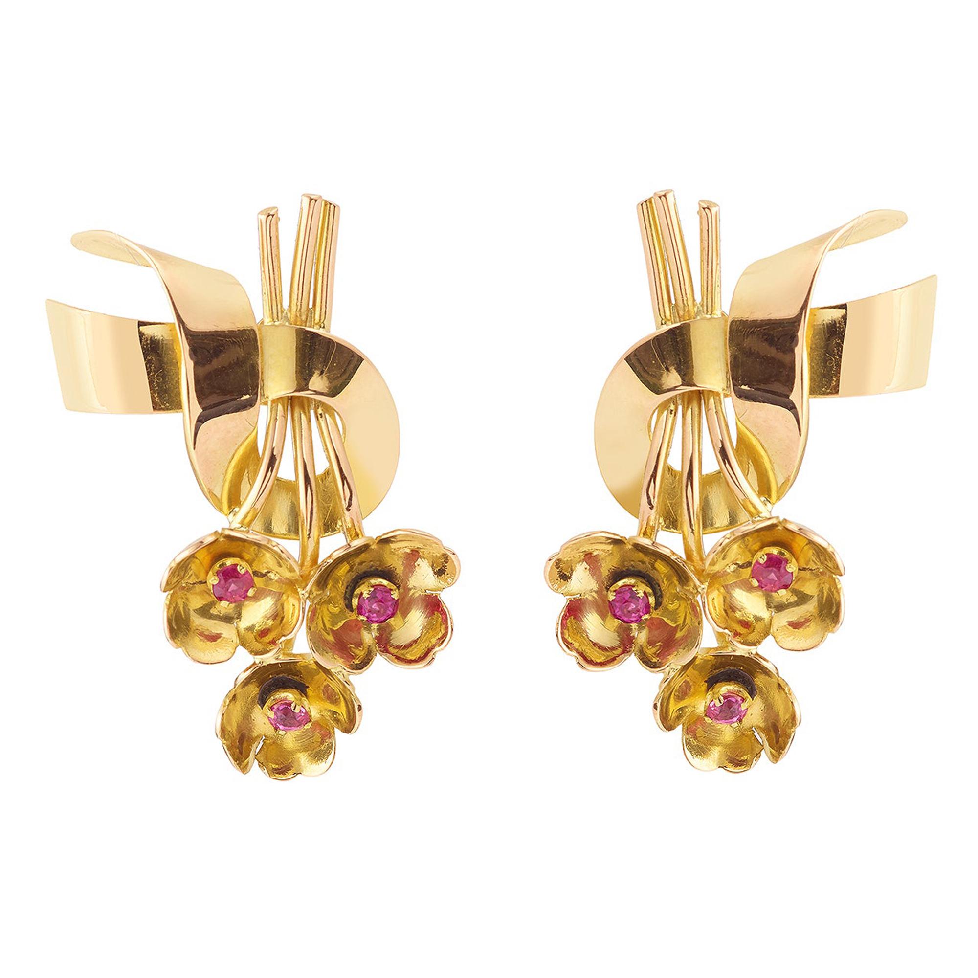 Retro Ribbon Bow Pink Sapphire 18 Carats Yellow Gold Earrings